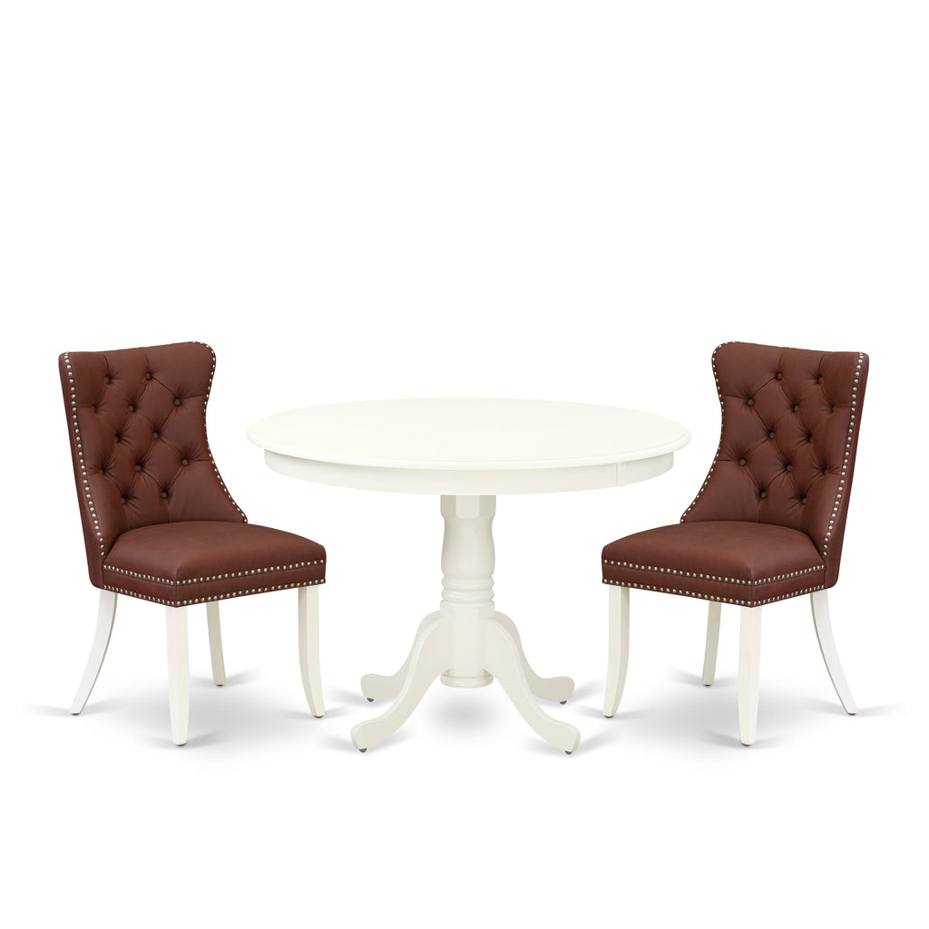 East West Furniture HLDA3-LWH-26 3 Piece Dining Room Furniture Set Includes a Round Kitchen Table with Pedestal and 2 Upholstered Parson Chairs, 42x42 Inch, linen white