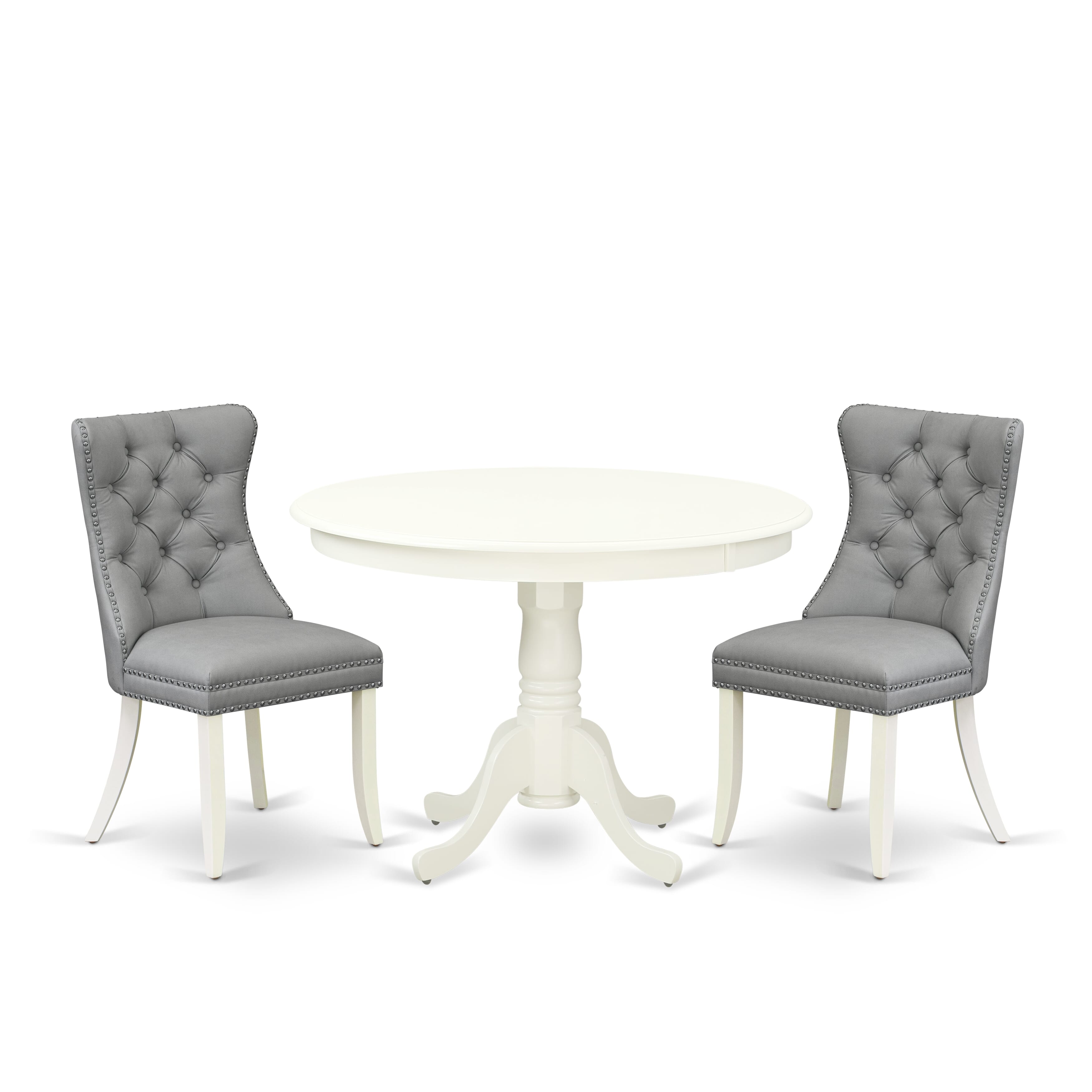 East West Furniture HLDA3-LWH-27 3 Piece Kitchen Table & Chairs Set Contains a Round Dining Table with Pedestal and 2 Upholstered Parson Chairs, 42x42 Inch, linen white