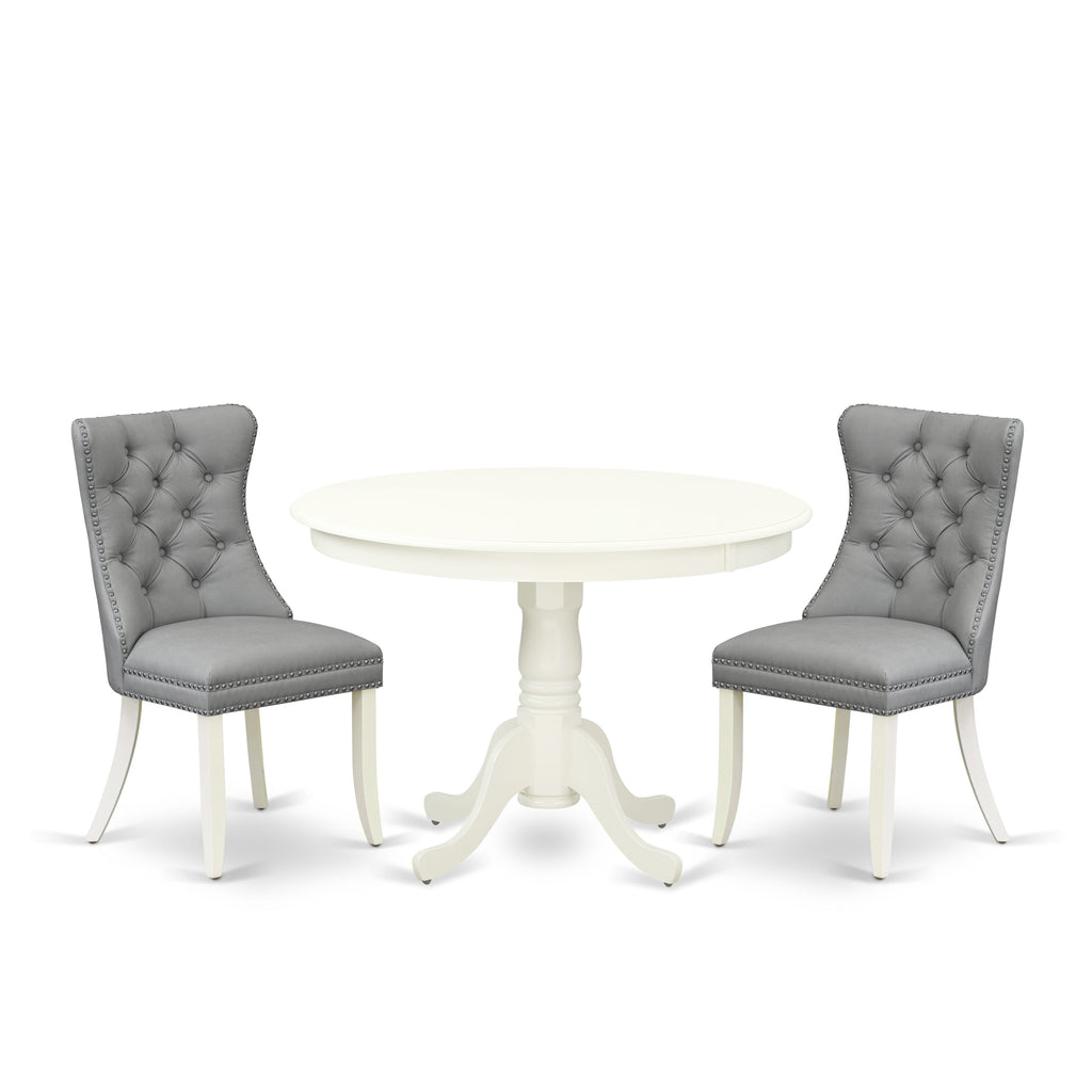 East West Furniture HLDA3-LWH-27 3 Piece Kitchen Table & Chairs Set Contains a Round Dining Table with Pedestal and 2 Upholstered Parson Chairs, 42x42 Inch, linen white