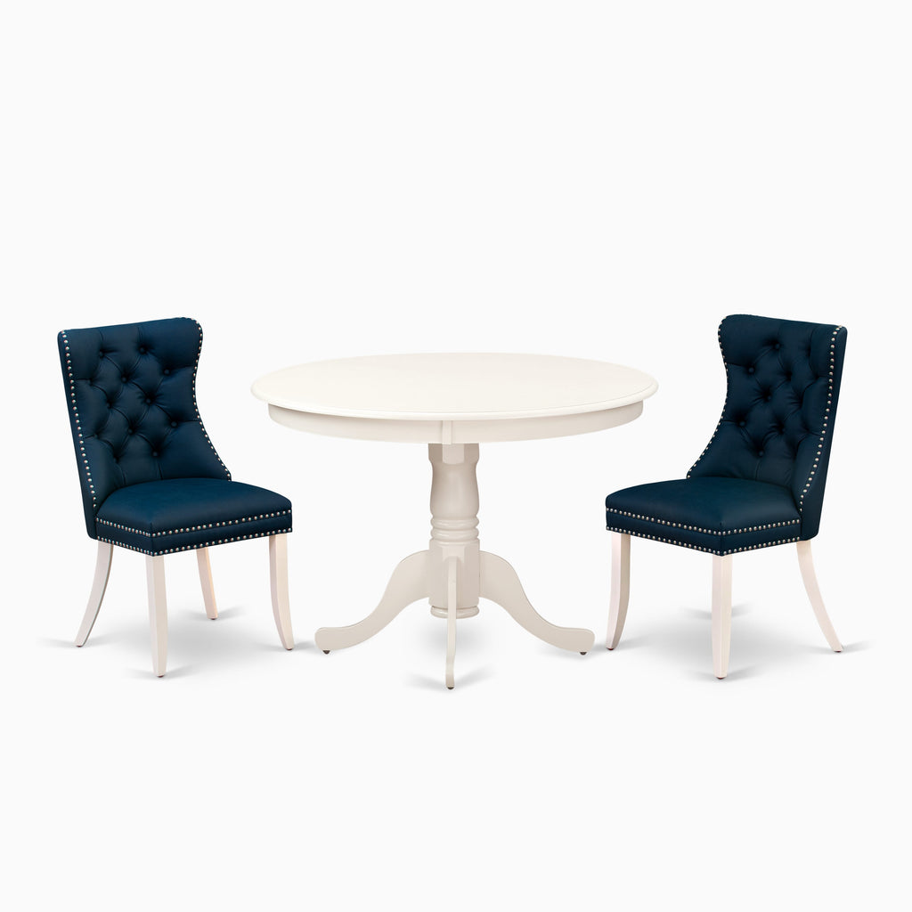 East West Furniture HLDA3-LWH-29 3 Piece Dining Table Set Includes a Round Kitchen Table with Pedestal and 2 Upholstered Chairs, 42x42 Inch, linen white