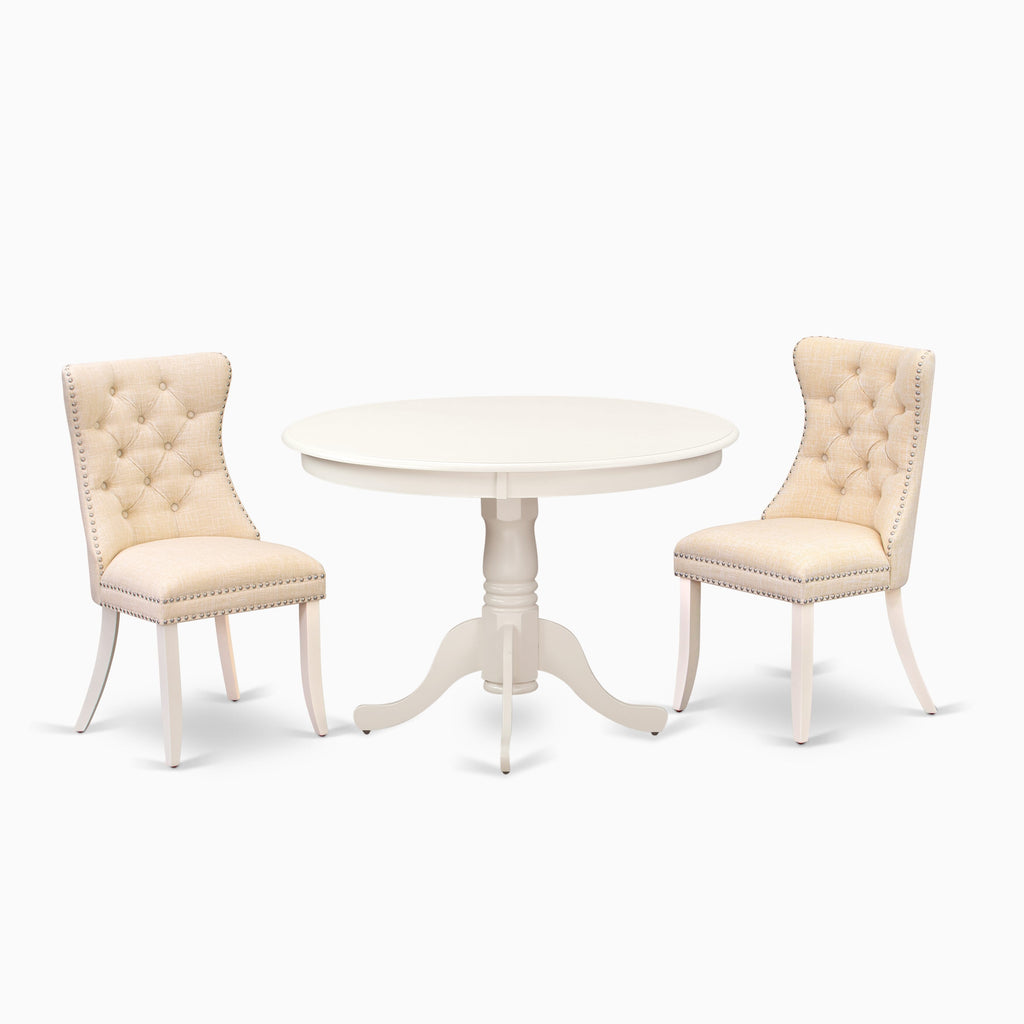 East West Furniture HLDA3-LWH-32 3 Piece Dining Room Table Set Contains a Round Kitchen Table with Pedestal and 2 Padded Chairs, 42x42 Inch, linen white