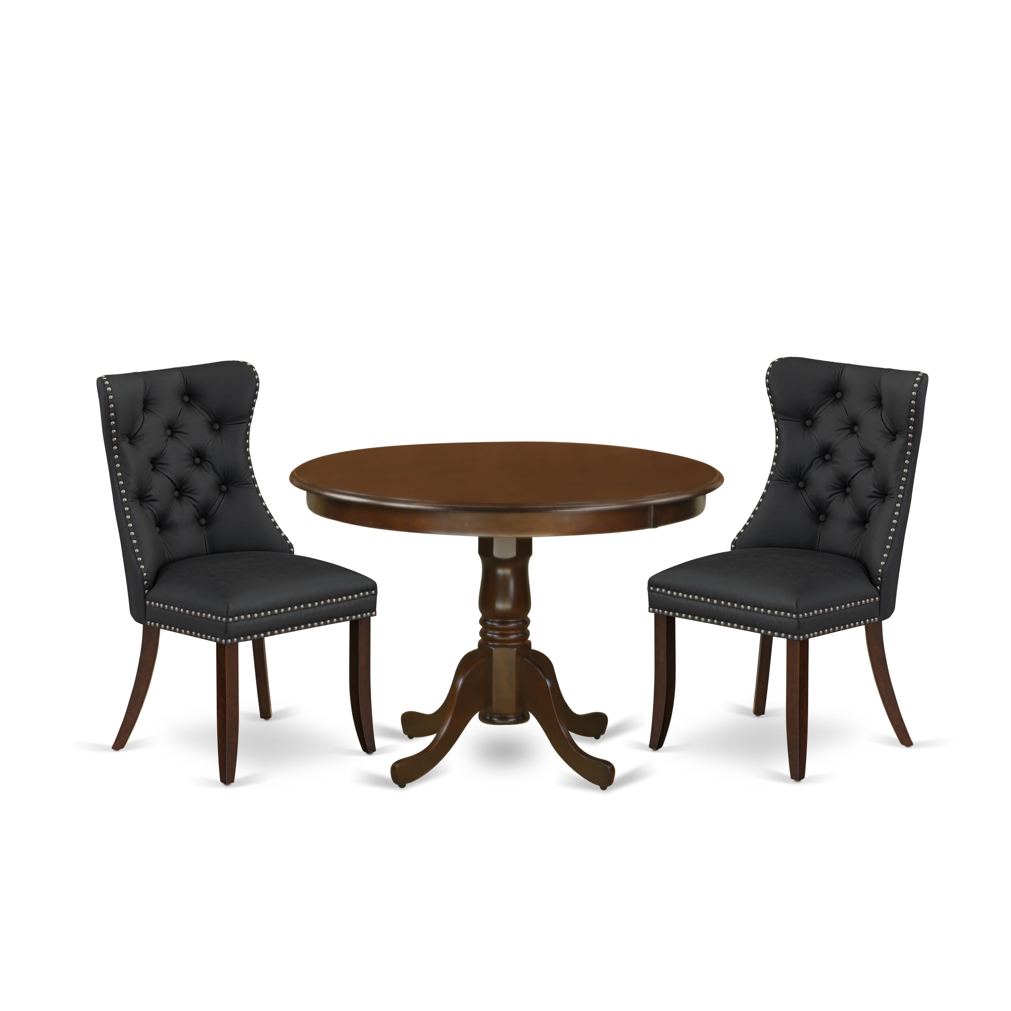 East West Furniture HLDA3-MAH-12 3 Piece Dining Table Set Contains a Round Kitchen Table with Pedestal and 2 Upholstered Parson Chairs, 42x42 Inch, Mahogany