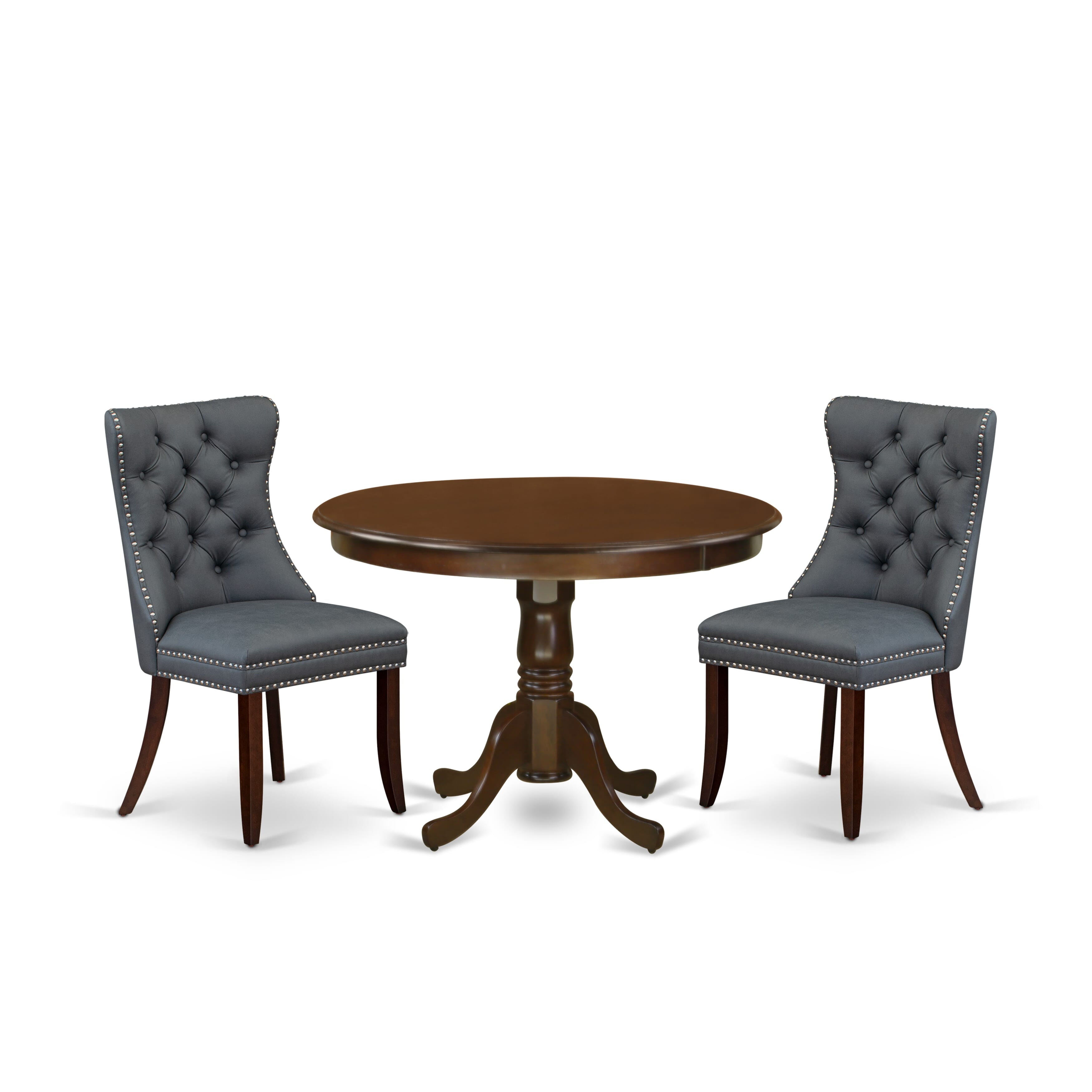East West Furniture HLDA3-MAH-13 3 Piece Kitchen Table & Chairs Set Includes a Round Dining Table with Pedestal and 2 Upholstered Chairs, 42x42 Inch, Mahogany