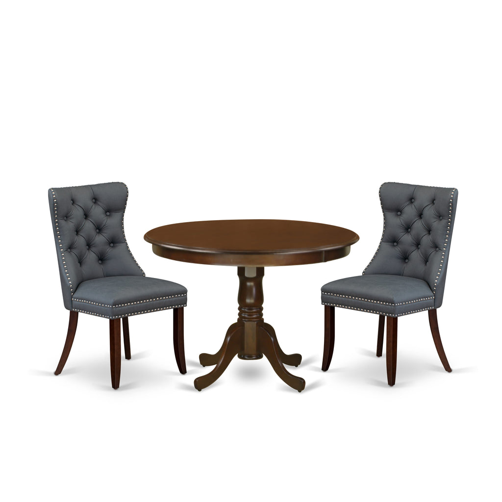East West Furniture HLDA3-MAH-13 3 Piece Kitchen Table & Chairs Set Includes a Round Dining Table with Pedestal and 2 Upholstered Chairs, 42x42 Inch, Mahogany