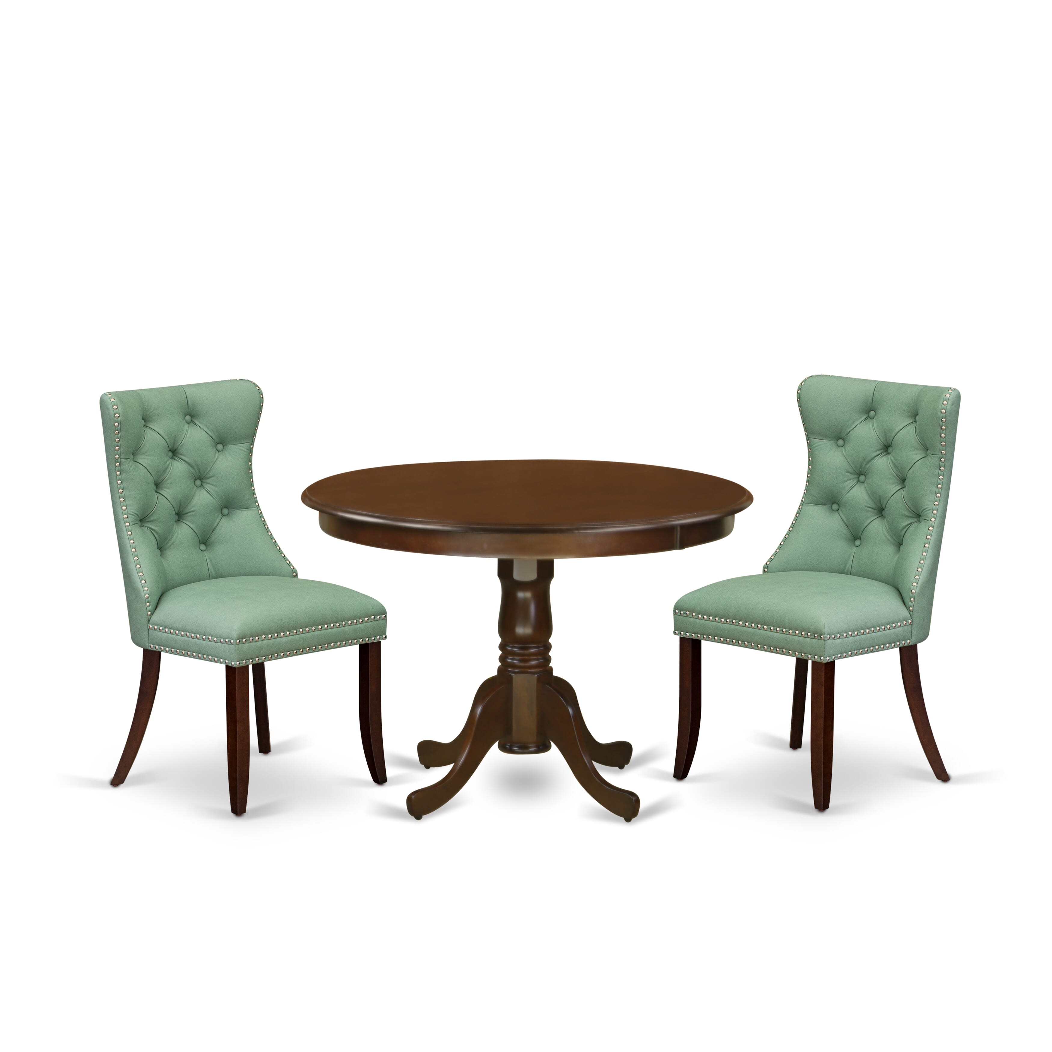 East West Furniture HLDA3-MAH-22 3 Piece Kitchen Table & Chairs Set Includes a Round Dining Table with Pedestal and 2 Upholstered Chairs, 42x42 Inch, Mahogany