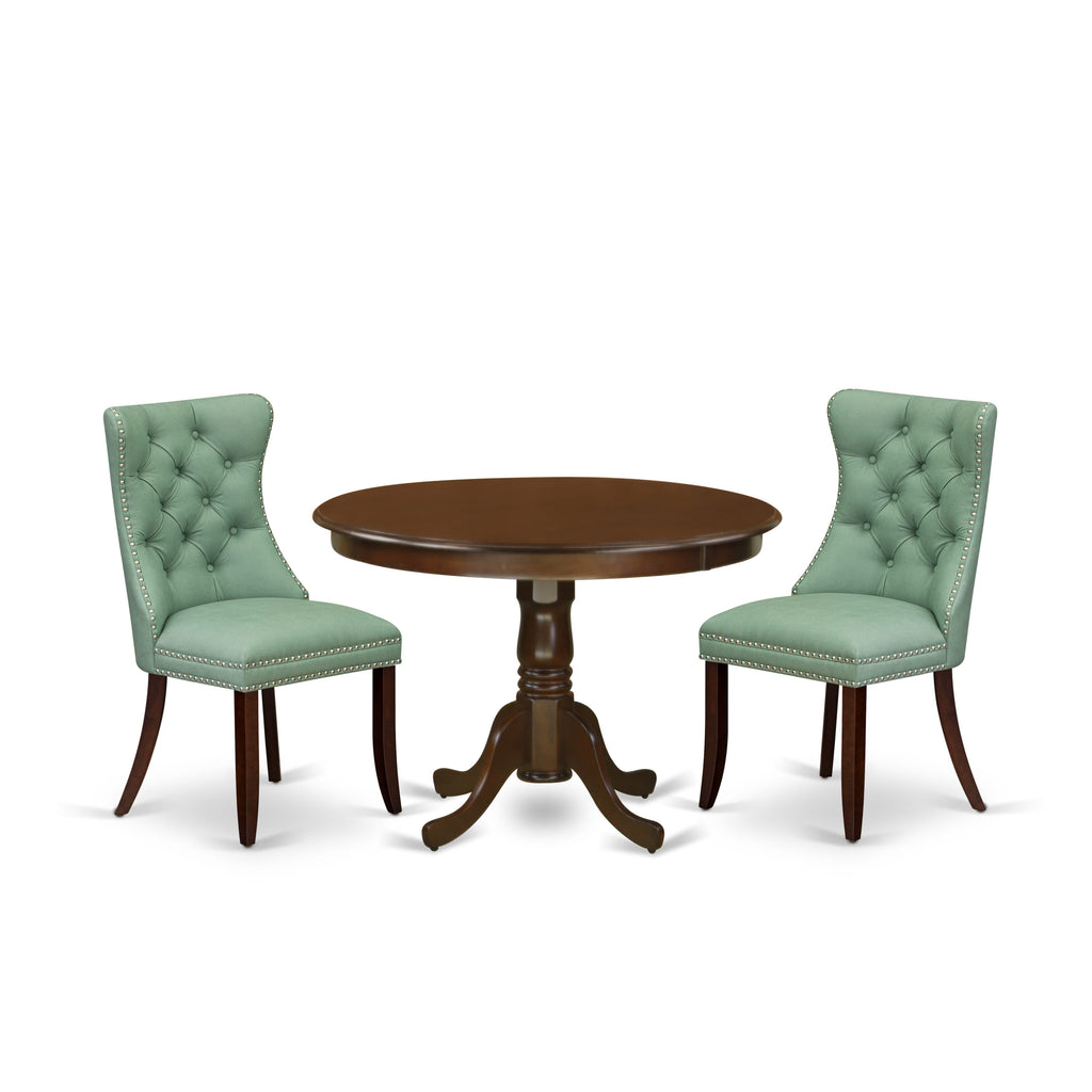 East West Furniture HLDA3-MAH-22 3 Piece Kitchen Table & Chairs Set Includes a Round Dining Table with Pedestal and 2 Upholstered Chairs, 42x42 Inch, Mahogany