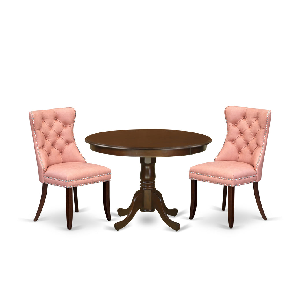 East West Furniture HLDA3-MAH-23 3 Piece Dining Set Consists of a Round Kitchen Table with Pedestal and 2 Parson Chairs, 42x42 Inch, Mahogany