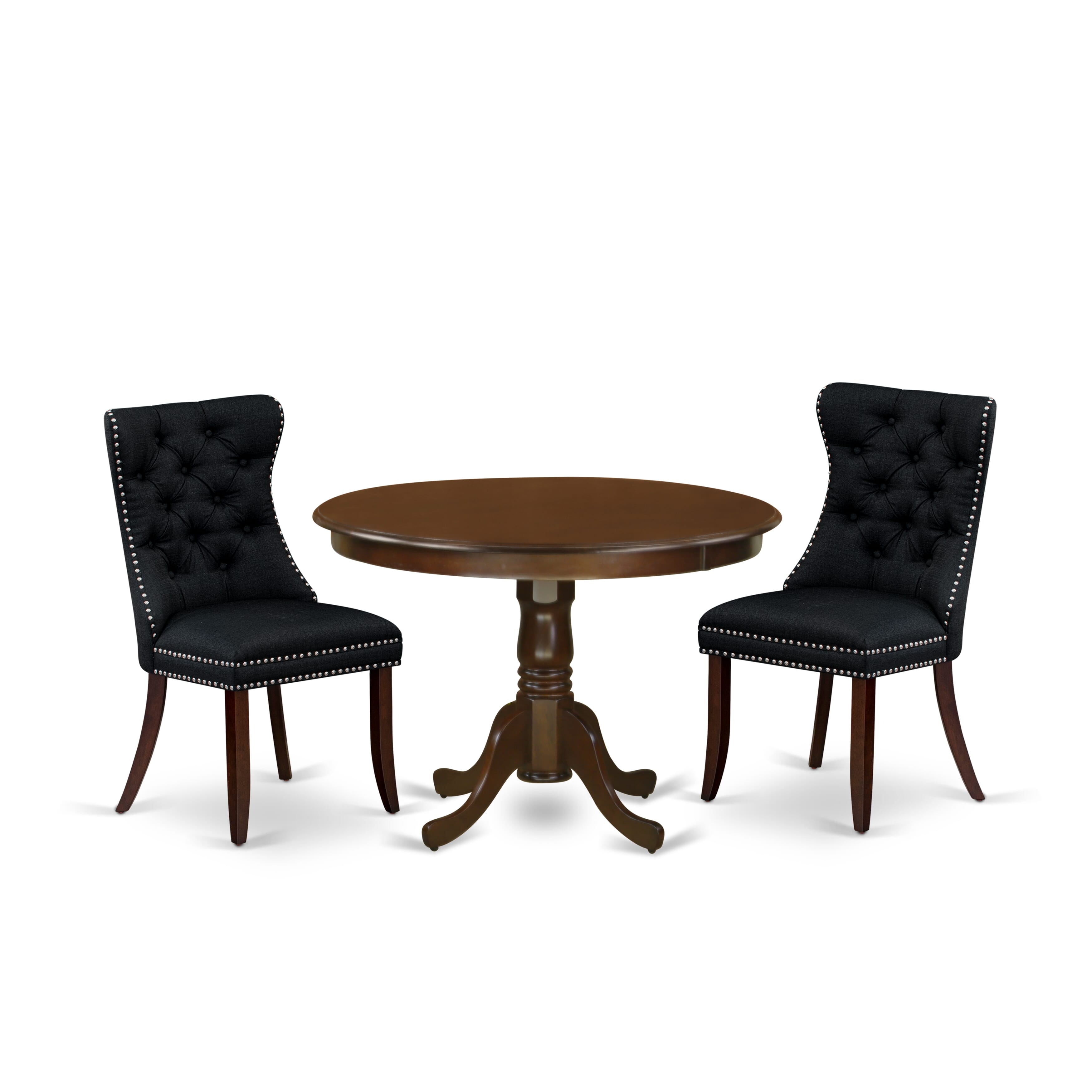 East West Furniture HLDA3-MAH-24 3 Piece Dining Room Furniture Set Includes a Round Wooden Table with Pedestal and 2 Upholstered Chairs, 42x42 Inch, Mahogany
