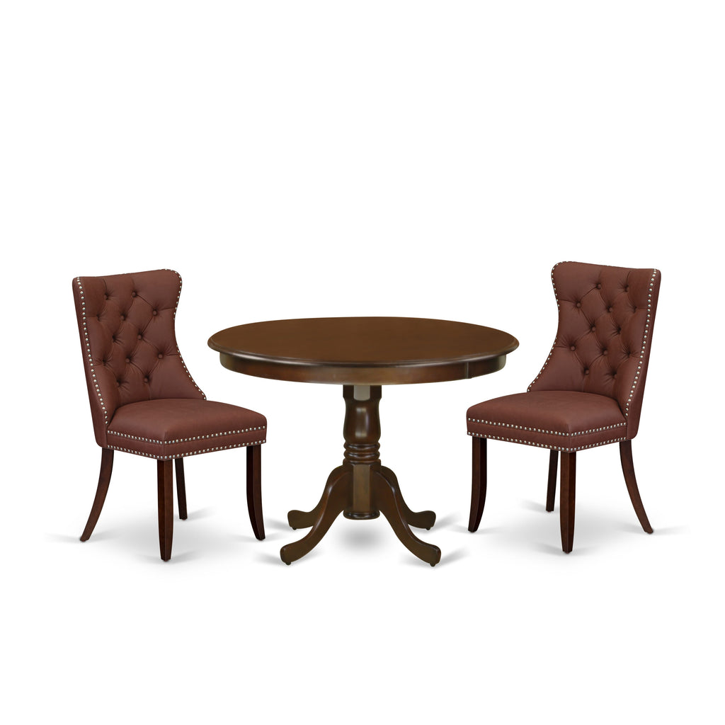 East West Furniture HLDA3-MAH-26 3 Piece Dinette Set Includes a Round Dining Table with Pedestal and 2 Upholstered Parson Chairs, 42x42 Inch, Mahogany