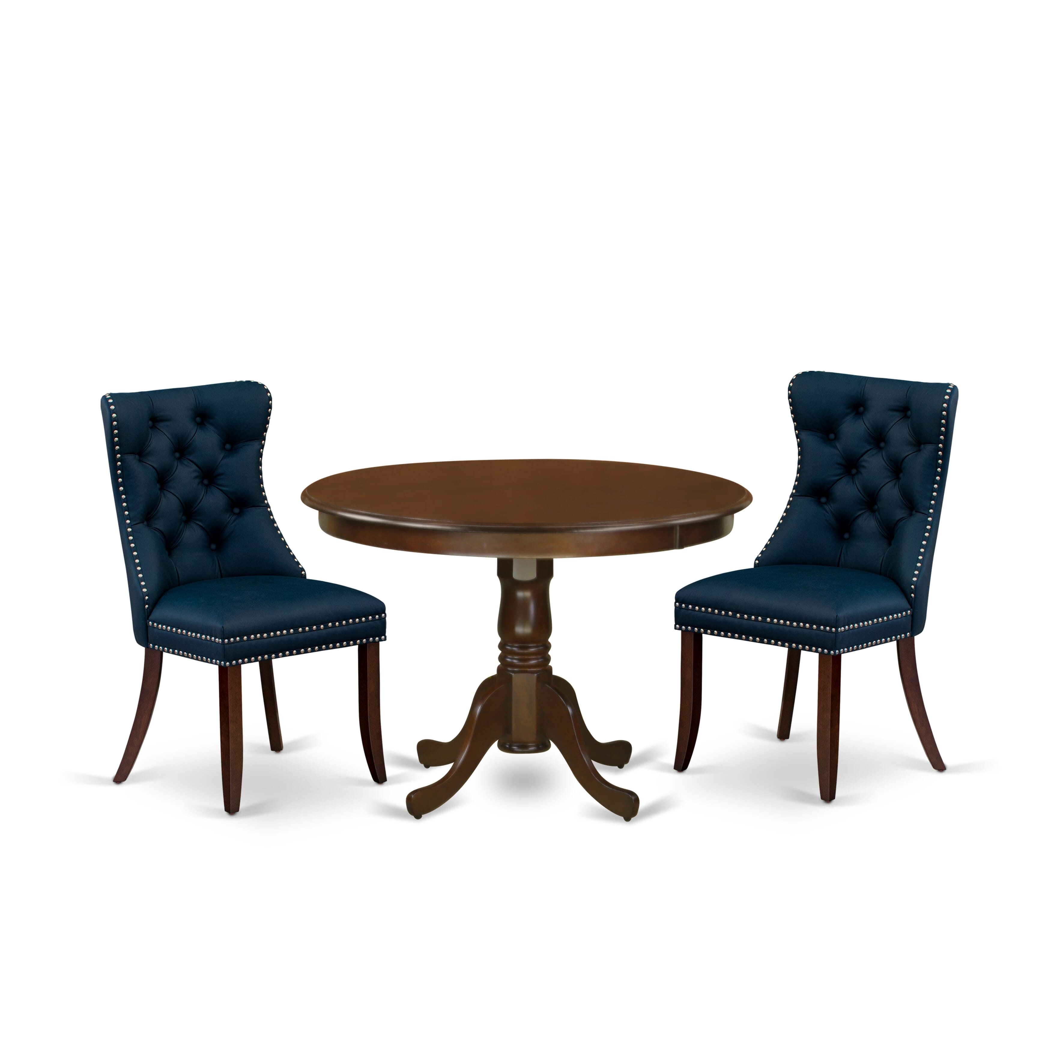 East West Furniture HLDA3-MAH-29 3 Piece Dining Set for Small SpacesIncludes a Round Kitchen Table with Pedestal and 2 Padded Chairs, 42x42 Inch, Mahogany