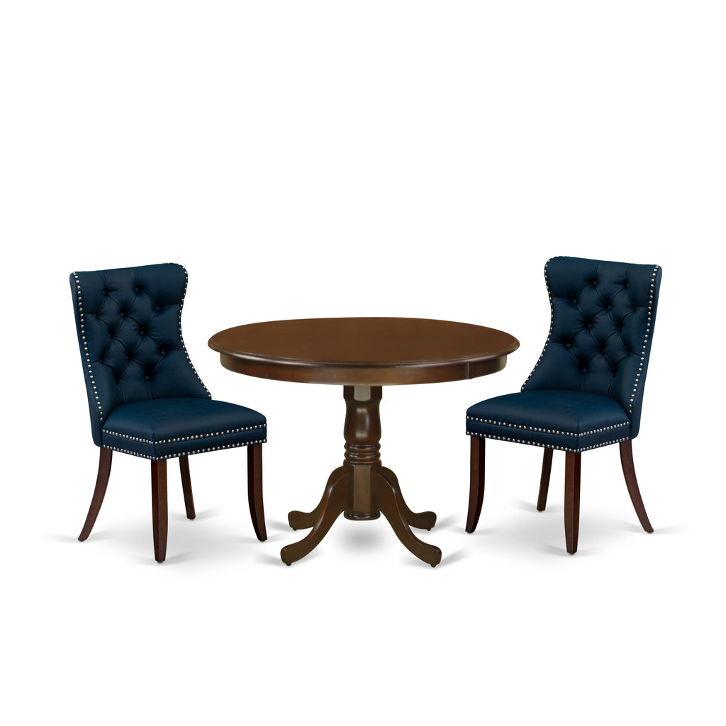East West Furniture HLDA3-MAH-29 3 Piece Dining Set for Small SpacesIncludes a Round Kitchen Table with Pedestal and 2 Padded Chairs, 42x42 Inch, Mahogany