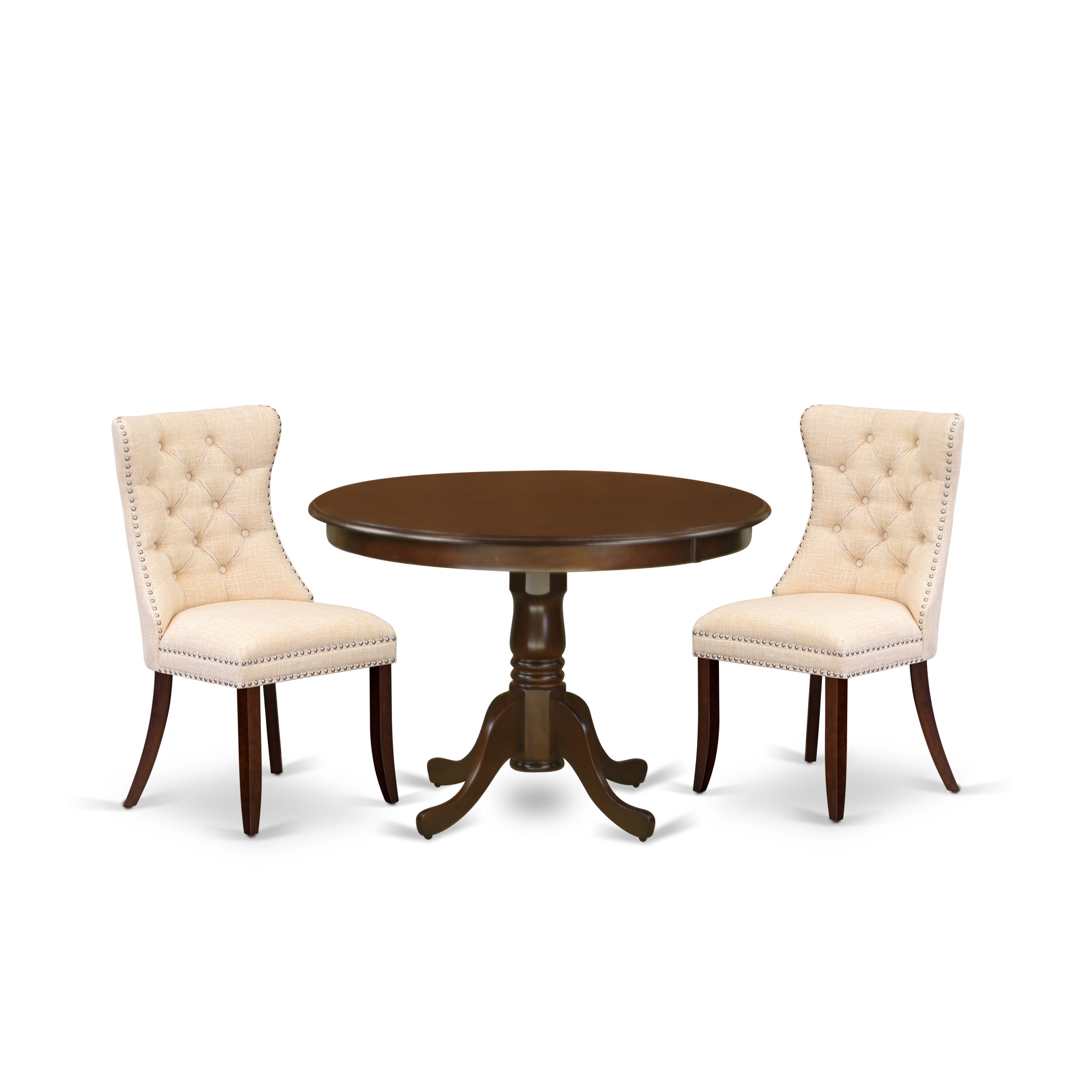 East West Furniture HLDA3-MAH-32 3 Piece Dining Set Consists of a Round Kitchen Table with Pedestal and 2 Upholstered Parson Chairs, 42x42 Inch, Mahogany