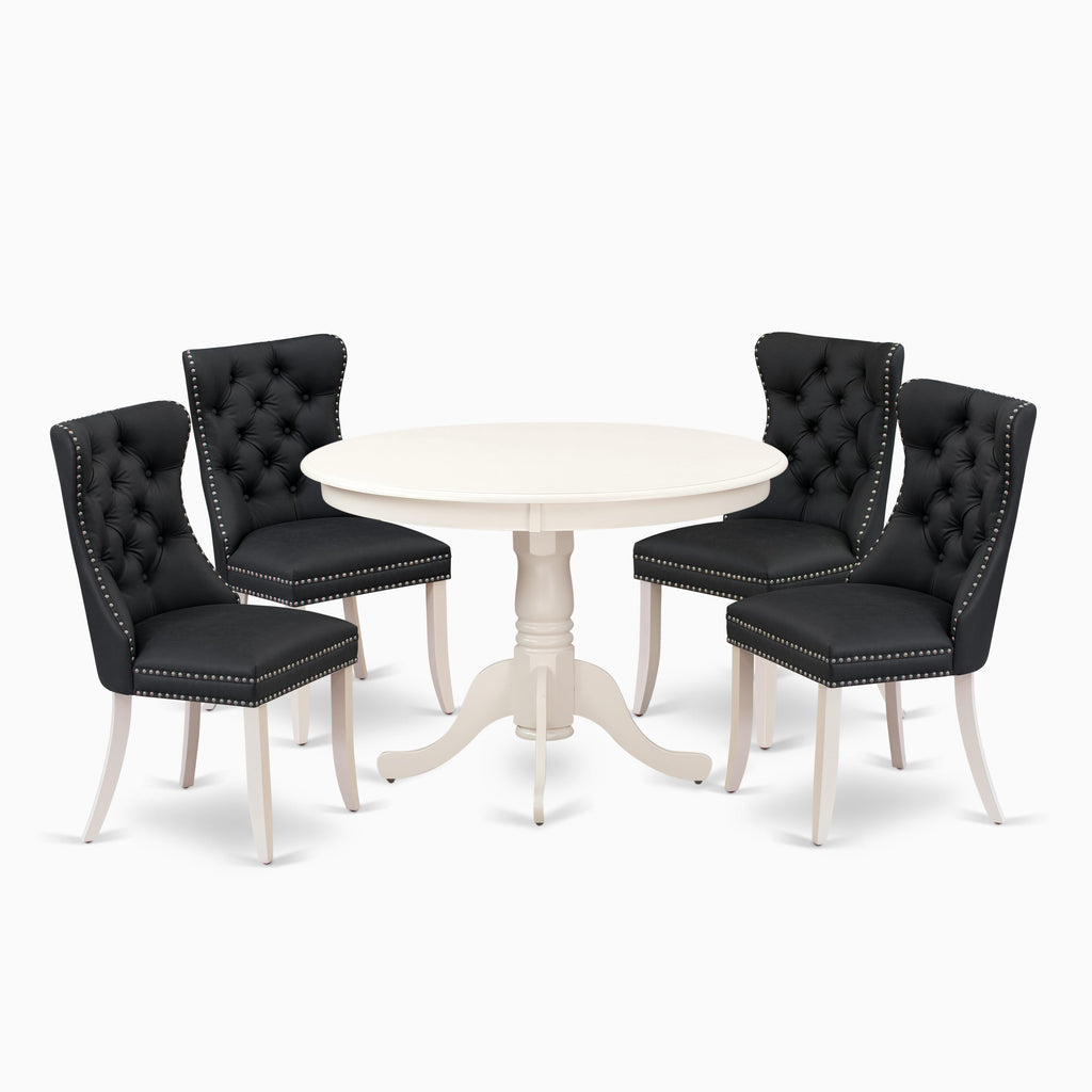 East West Furniture HLDA5-LWH-12 5 Piece Dinette Set for Small SpacesIncludes a Round Kitchen Table with Pedestal and 4 Upholstered Parson Chairs, 42x42 Inch, linen white