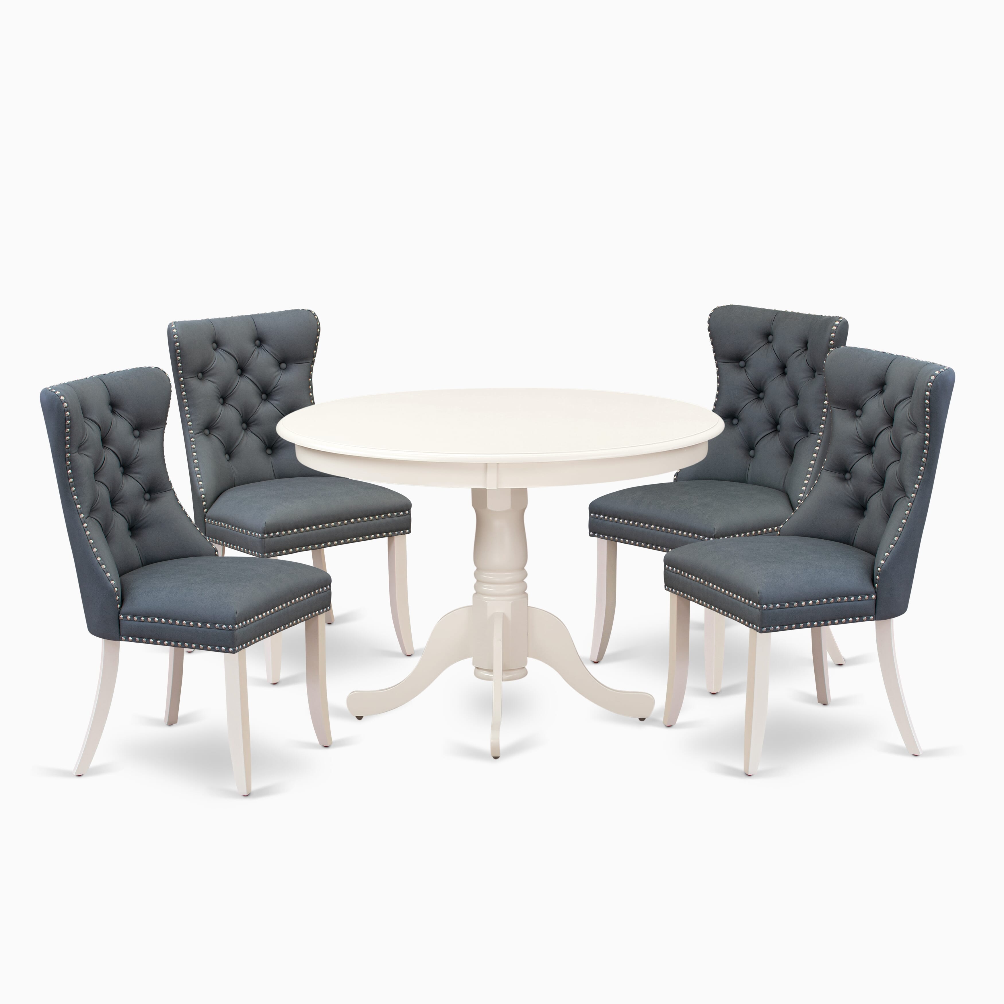 East West Furniture HLDA5-LWH-13 5 Piece Modern Dining Table Set Consists of a Round Kitchen Table with Pedestal and 4 Upholstered Parson Chairs, 42x42 Inch, linen white