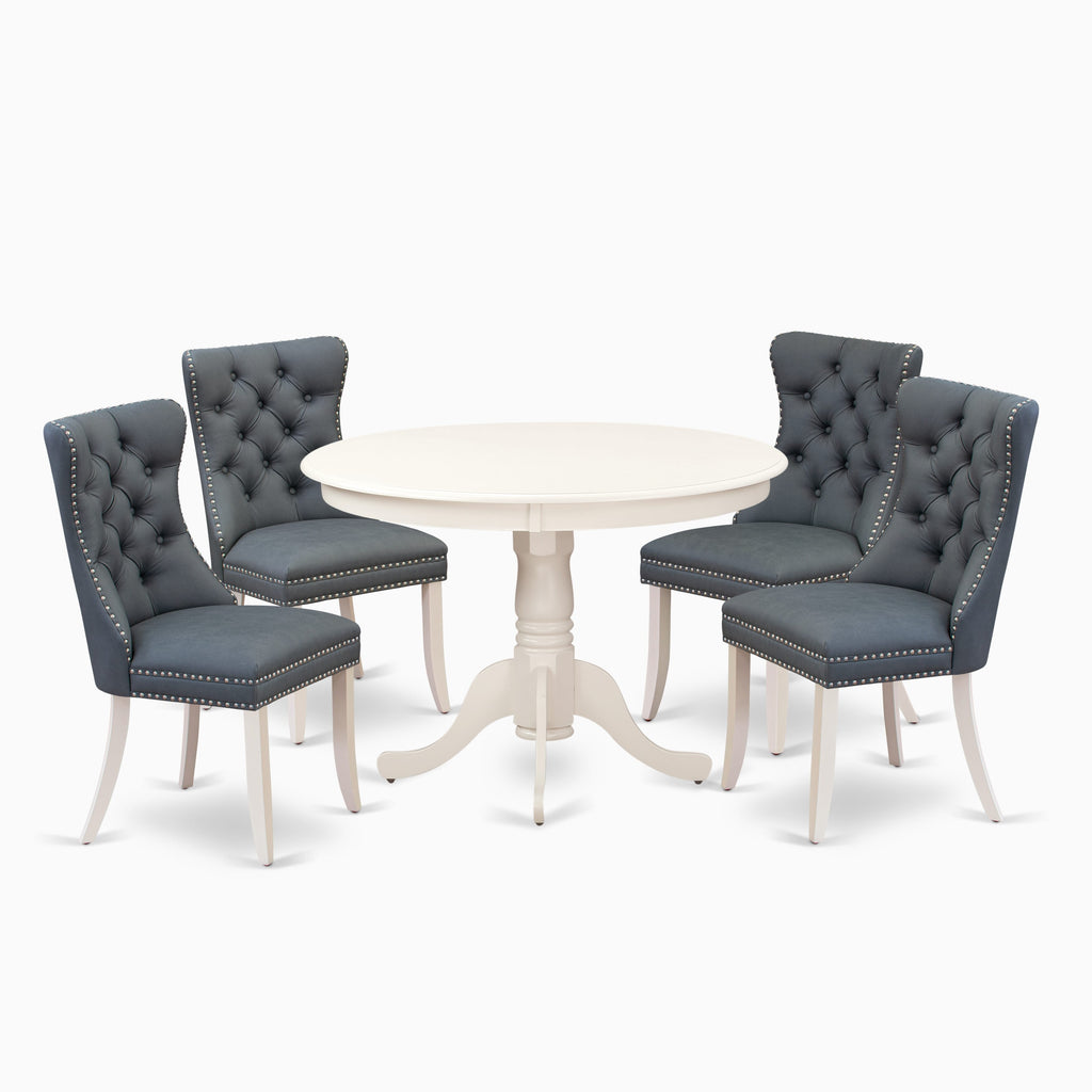 East West Furniture HLDA5-LWH-13 5 Piece Modern Dining Table Set Consists of a Round Kitchen Table with Pedestal and 4 Upholstered Parson Chairs, 42x42 Inch, linen white