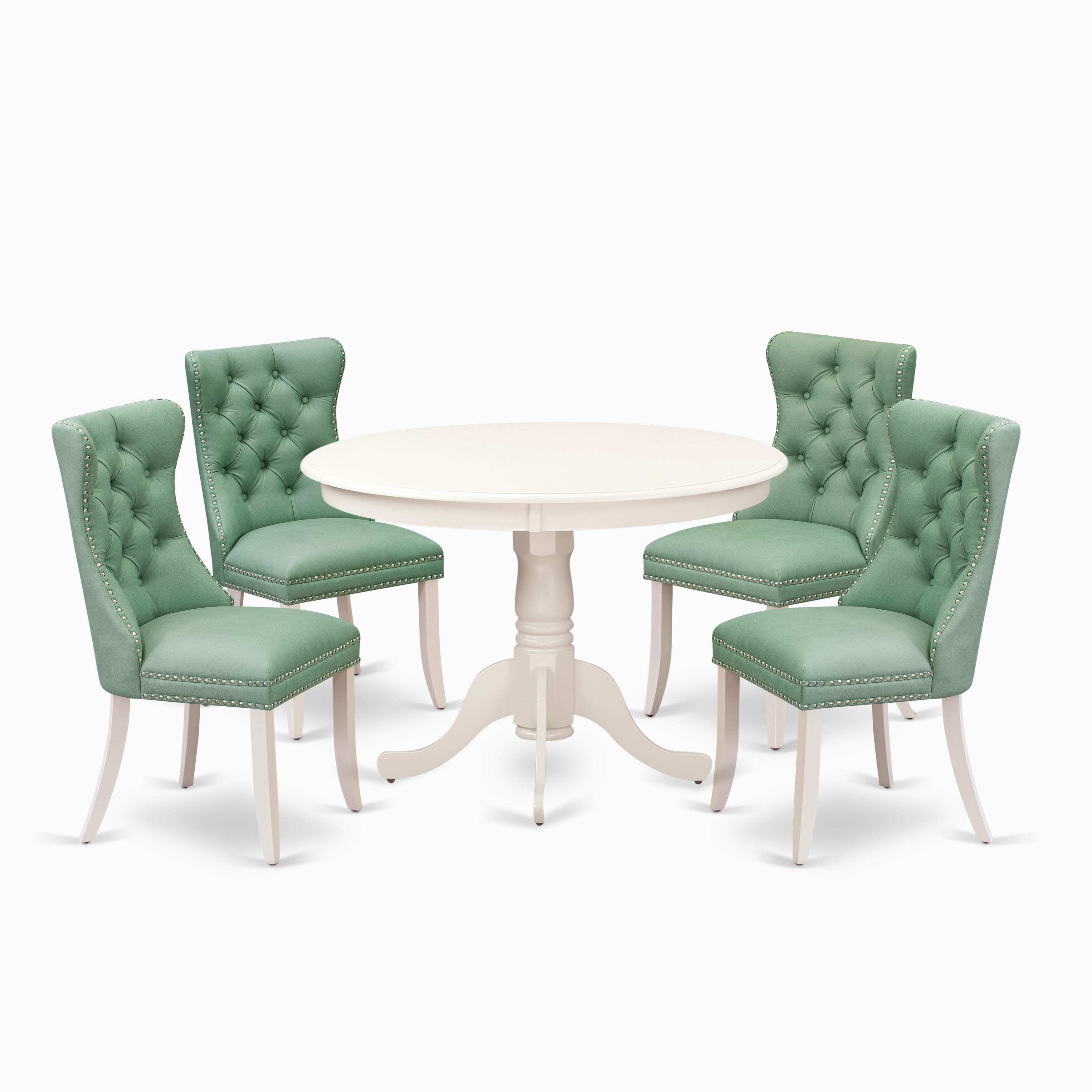 East West Furniture HLDA5-LWH-22 5 Piece Dining Table Set for Small Spaces Contains a Round Kitchen Table with Pedestal and 4 Upholstered Chairs, 42x42 Inch, linen white
