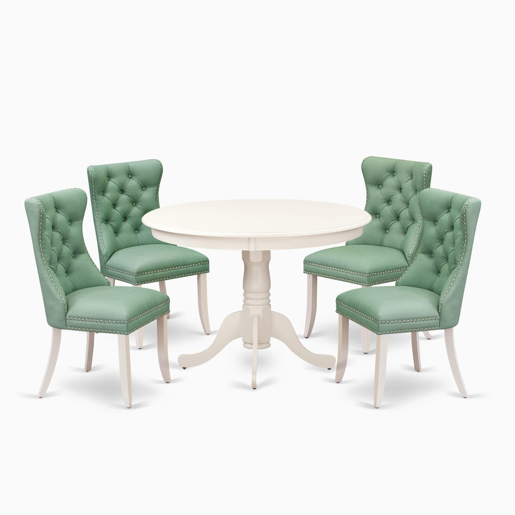 East West Furniture HLDA5-LWH-22 5 Piece Dining Table Set for Small Spaces Contains a Round Kitchen Table with Pedestal and 4 Upholstered Chairs, 42x42 Inch, linen white