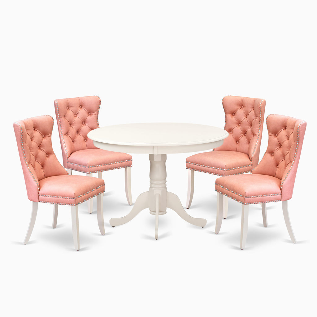 East West Furniture HLDA5-LWH-23 5 Piece Dining Room Furniture Set Includes a Round Dining Table with Pedestal and 4 Upholstered Parson Chairs, 42x42 Inch, linen white