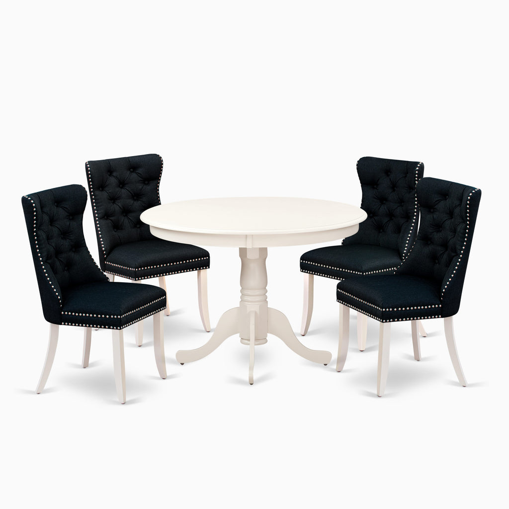 East West Furniture HLDA5-LWH-24 5 Piece Dining Room Table Set Consists of a Round Wooden Table with Pedestal and 4 Upholstered Chairs, 42x42 Inch, linen white