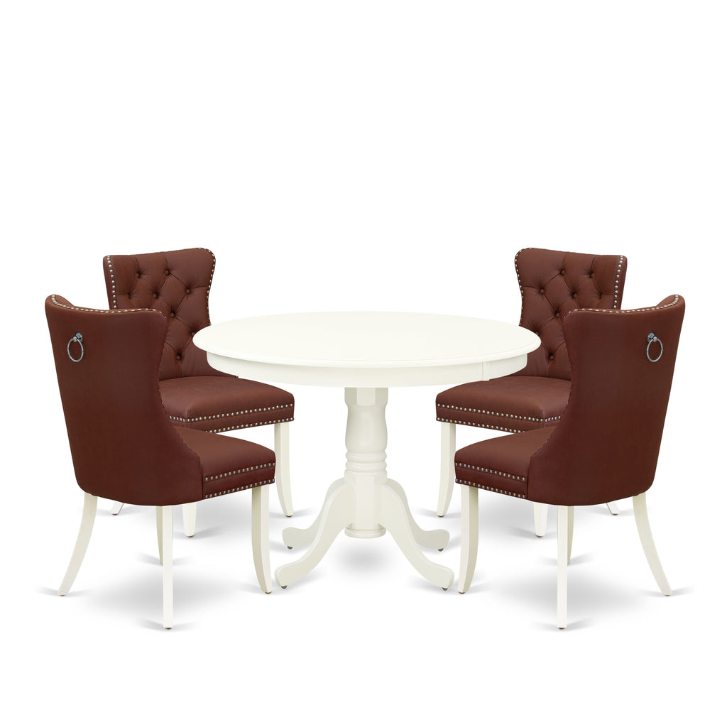 East West Furniture HLDA5-LWH-26 5 Piece Dinette Set for Small Spaces Contains a Round Dining Table with Pedestal and 4 Upholstered Parson Chairs, 42x42 Inch, linen white