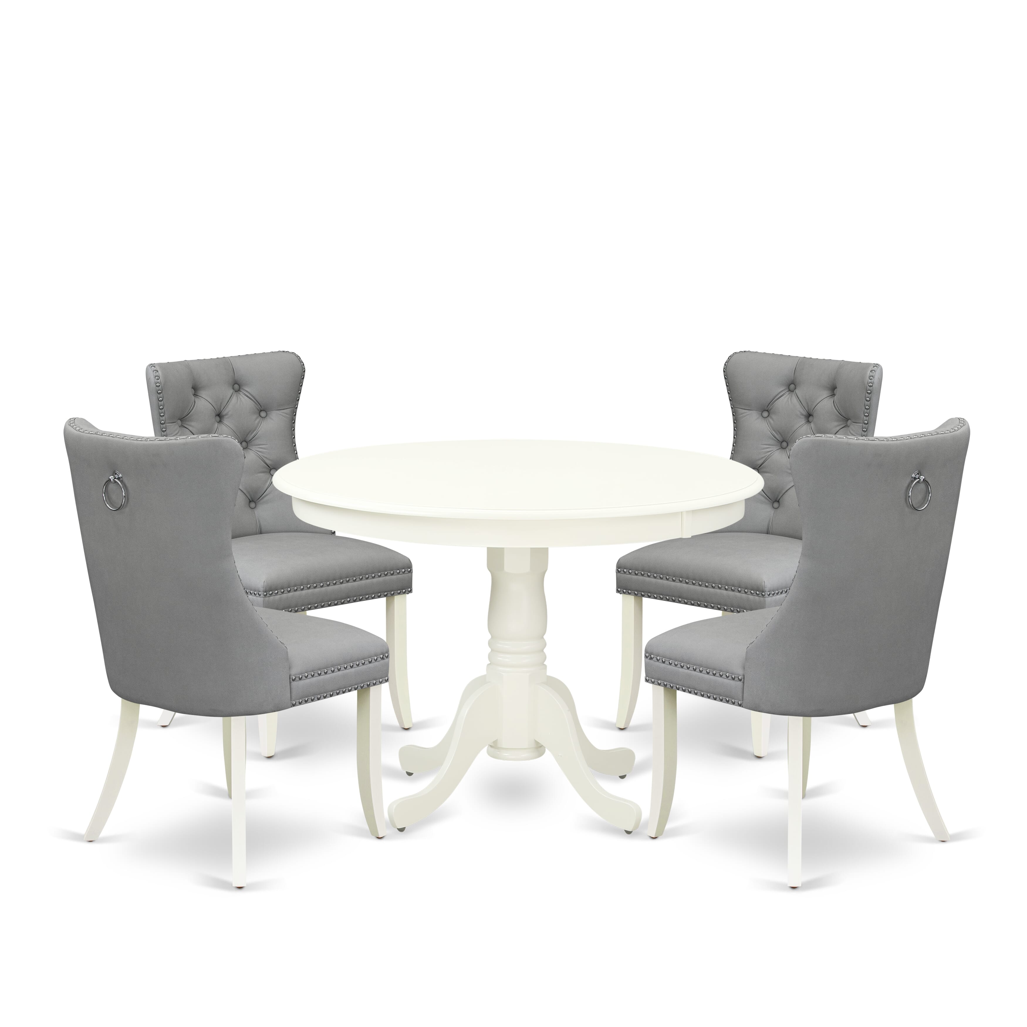 East West Furniture HLDA5-LWH-27 5 Piece Modern Dining Table Set Includes a Round Kitchen Table with Pedestal and 4 Upholstered Parson Chairs, 42x42 Inch, linen white