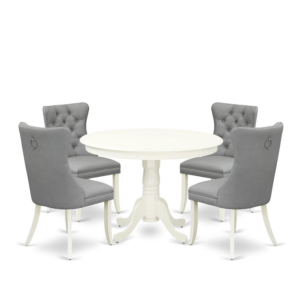 East West Furniture HLDA5-LWH-27 5 Piece Modern Dining Table Set Includes a Round Kitchen Table with Pedestal and 4 Upholstered Parson Chairs, 42x42 Inch, linen white