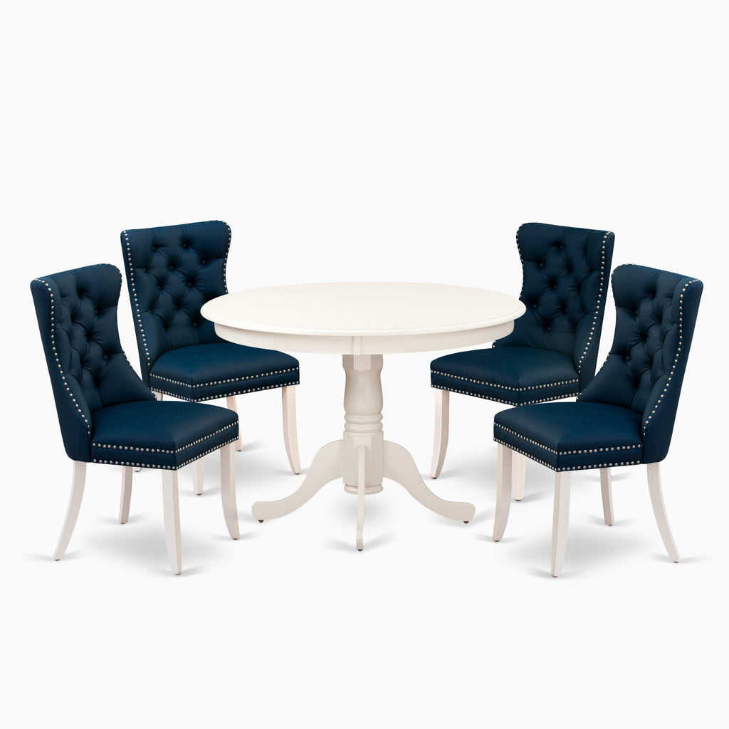 East West Furniture HLDA5-LWH-29 5 Piece Kitchen Table & Chairs Set Includes a Round Dining Table with Pedestal and 4 Upholstered Chairs, 42x42 Inch, linen white