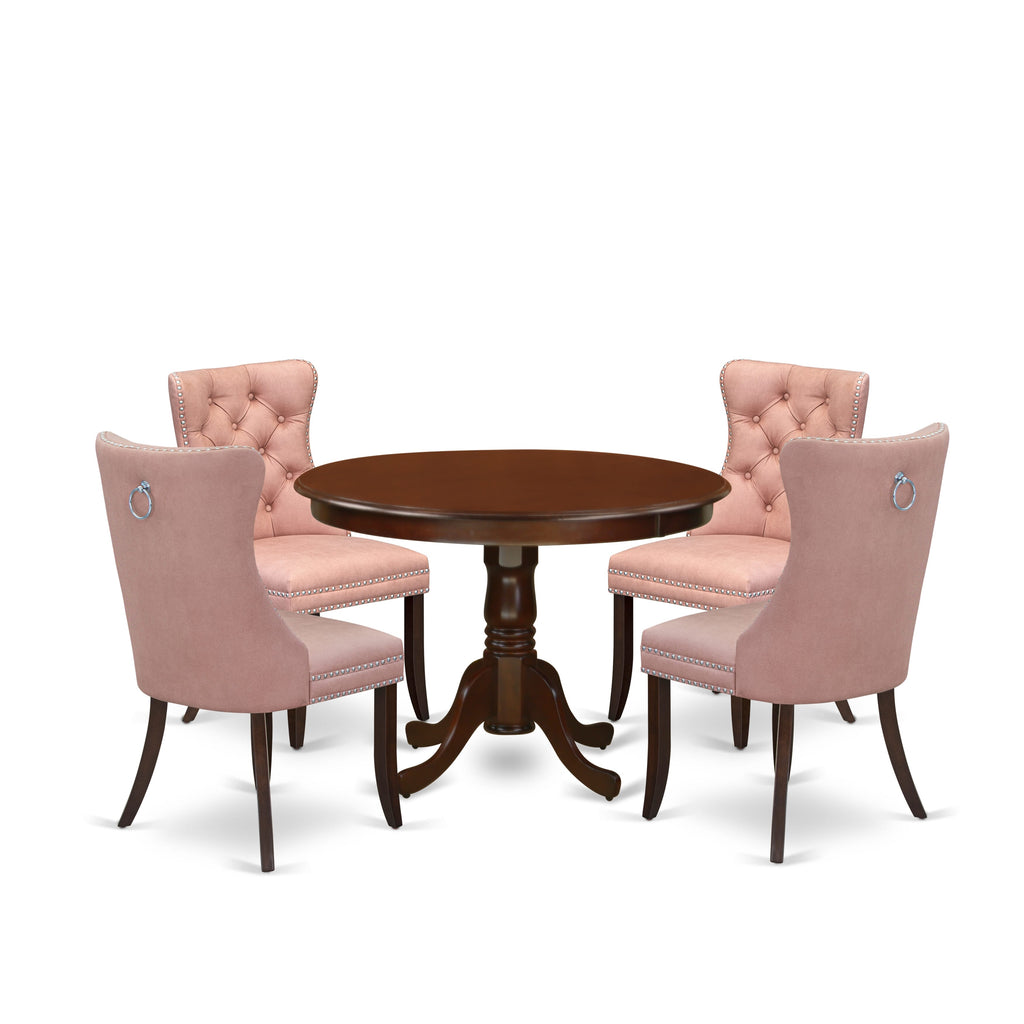 East West Furniture HLDA5-MAH-23 5 Piece Dining Table Set Includes a Round Kitchen Table with Pedestal and 4 Upholstered Parson Chairs, 42x42 Inch, Mahogany