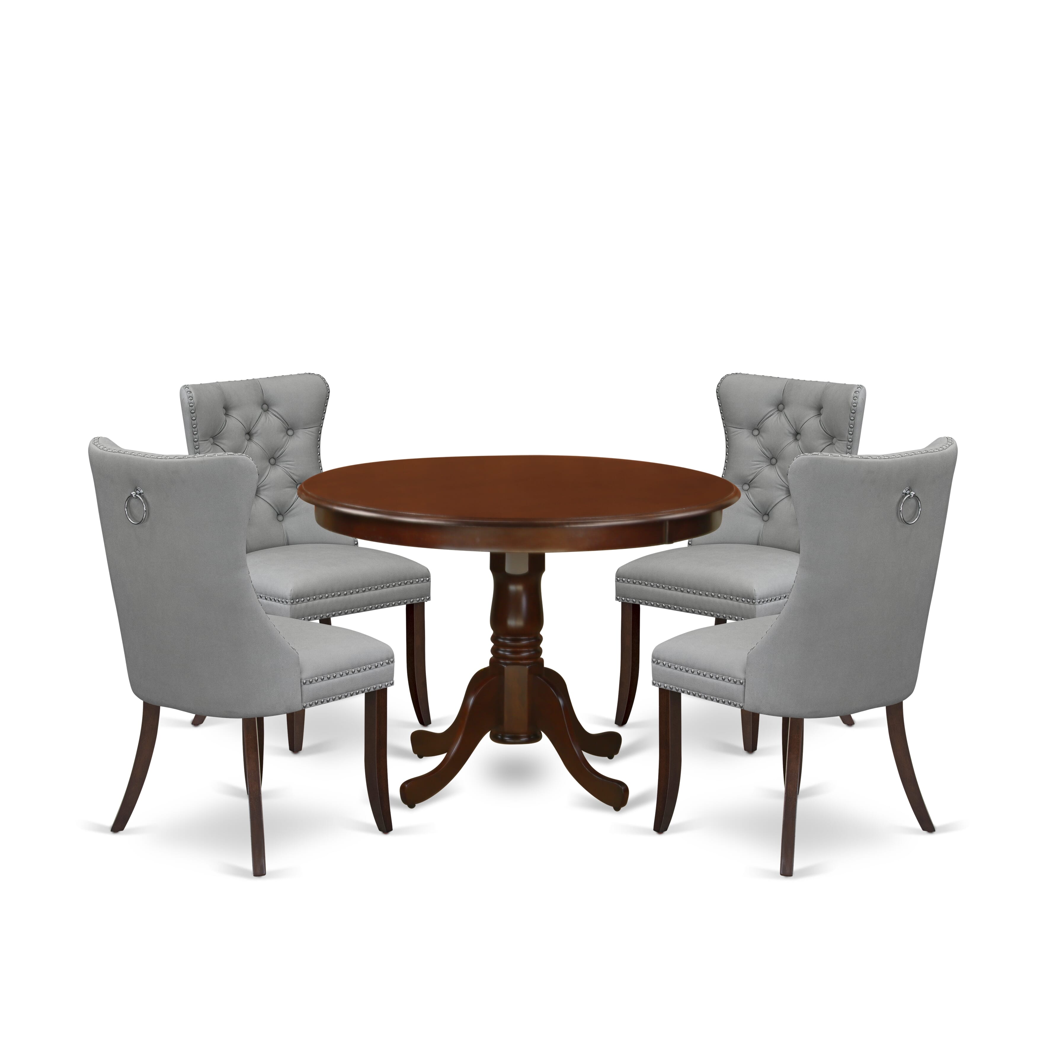 East West Furniture HLDA5-MAH-27 5 Piece Kitchen Table Set Consists of a Round Dining Table with Pedestal and 4 Upholstered Chairs, 42x42 Inch, Mahogany