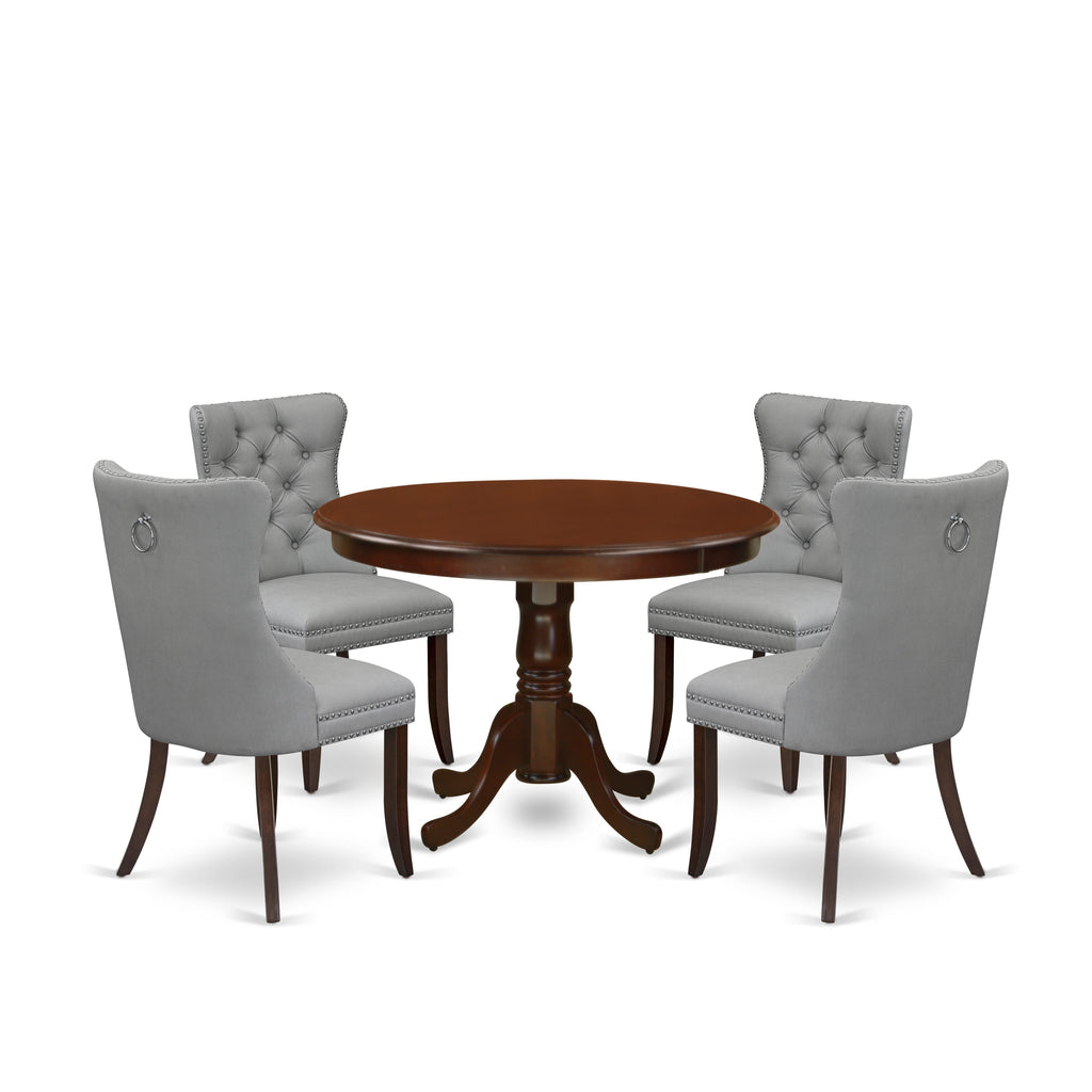 East West Furniture HLDA5-MAH-27 5 Piece Kitchen Table Set Consists of a Round Dining Table with Pedestal and 4 Upholstered Chairs, 42x42 Inch, Mahogany