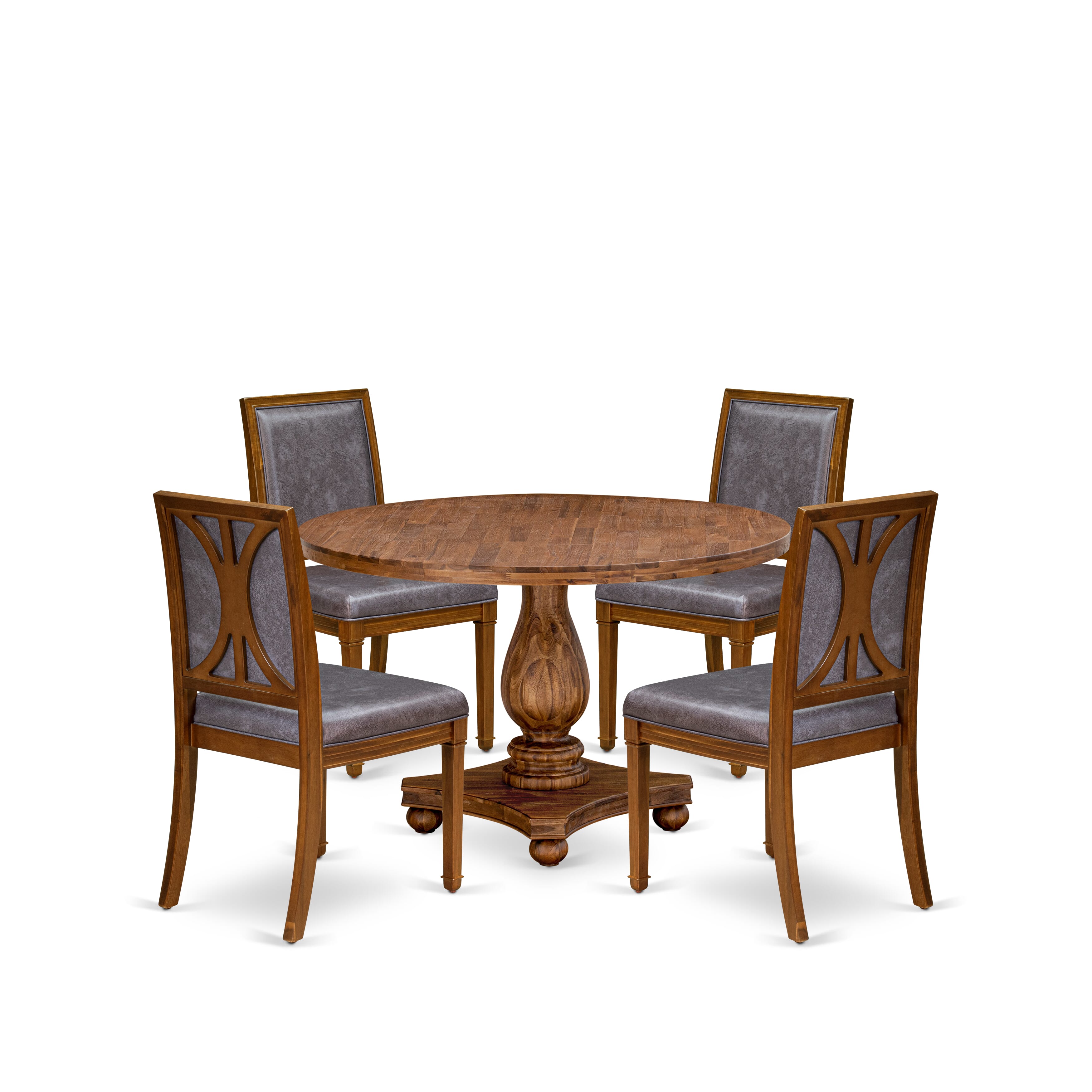 Luxe by East West Furniture I2AM5-40N-34 5-Piece Dining Set Consists of a round table top with a stylish pedestal and 4 Pu leather Dark Gray Padded Chairs with high backs - Antique Walnut