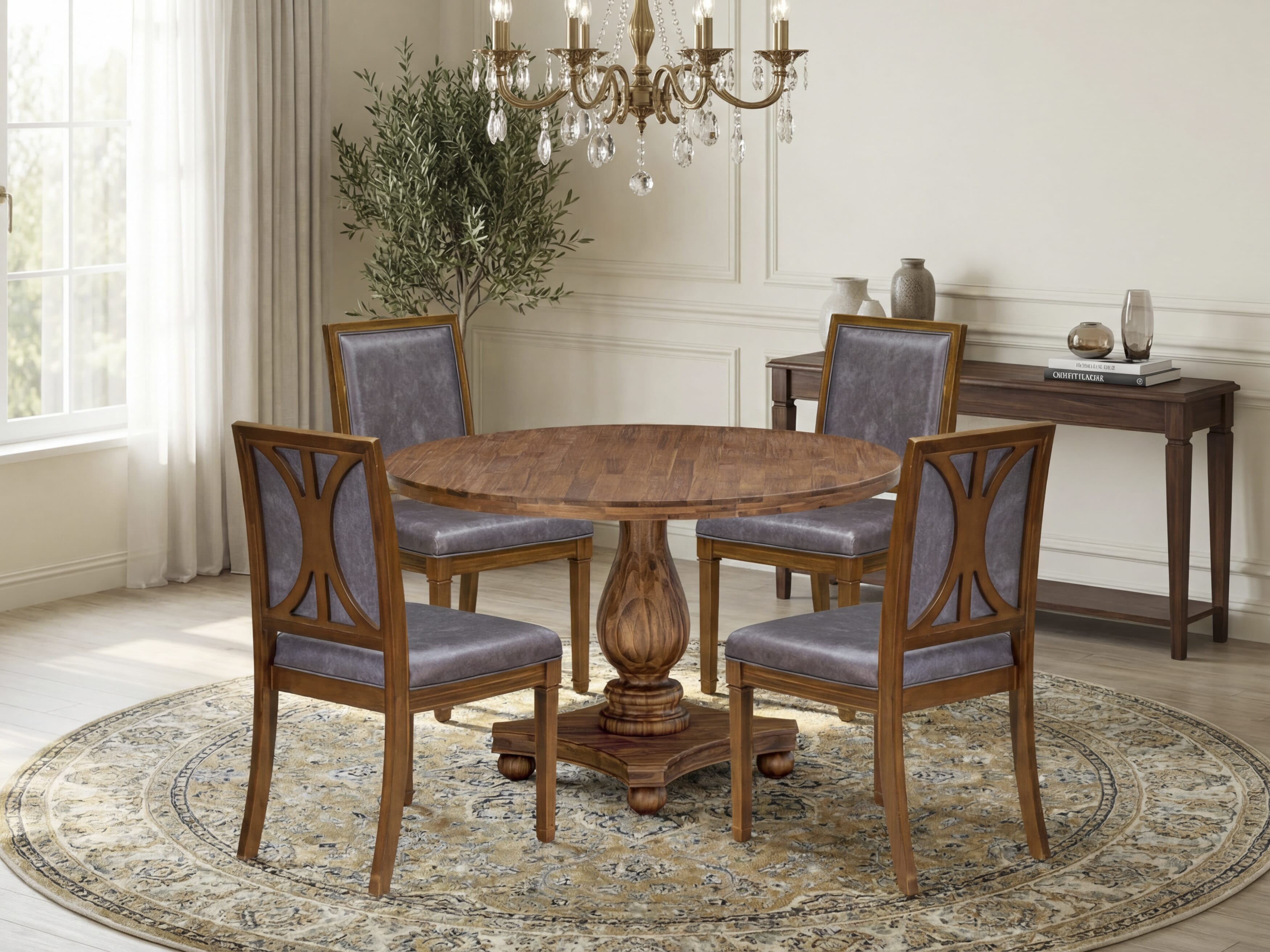Luxe by East West Furniture I2AM5-40N-34 5-Piece Dining Set Consists of a round table top with a stylish pedestal and 4 Pu leather Dark Gray Padded Chairs with high backs - Antique Walnut