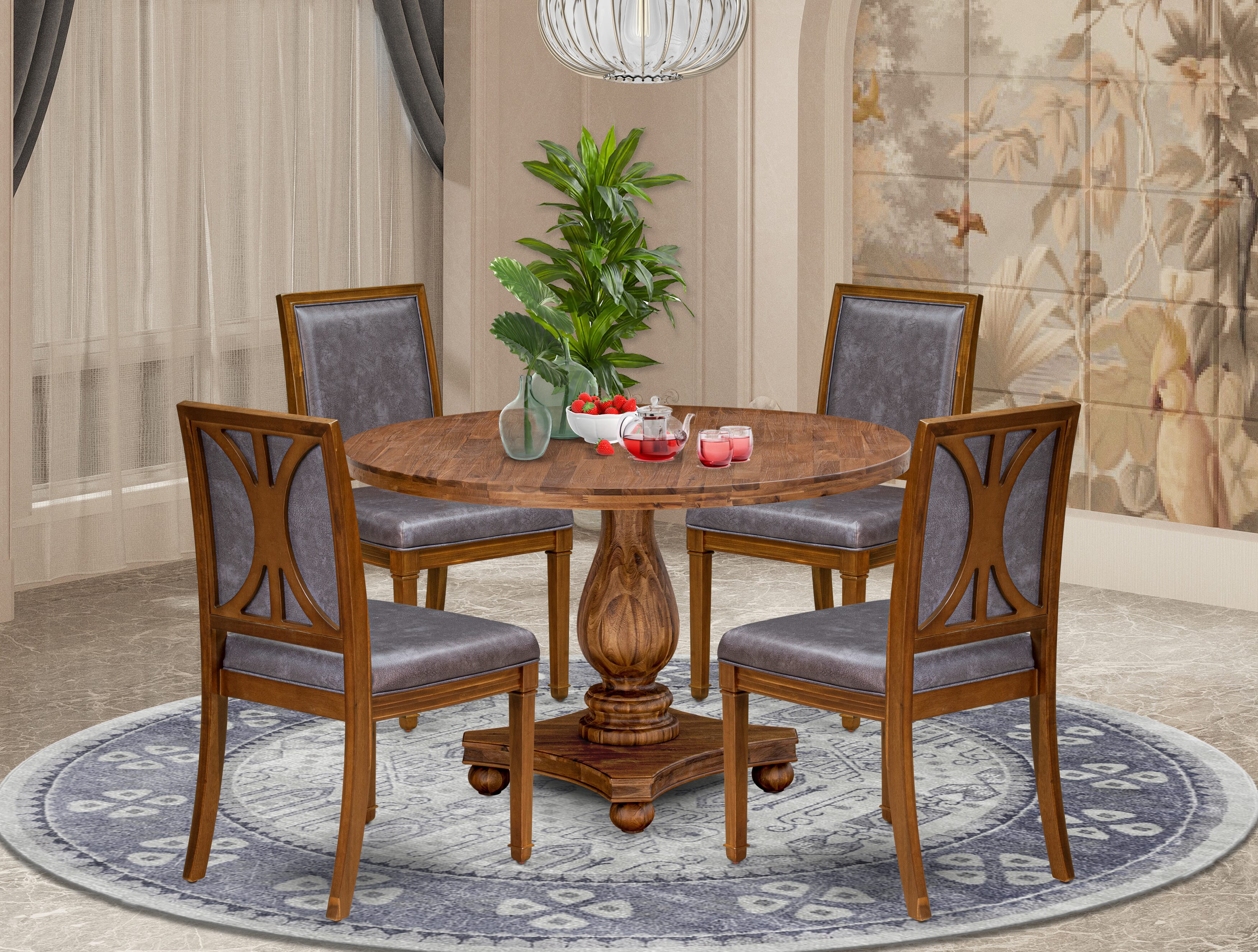 Luxe by East West Furniture I2AM5-40N-34 5-Piece Dining Set Consists of a round table top with a stylish pedestal and 4 Pu leather Dark Gray Padded Chairs with high backs - Antique Walnut