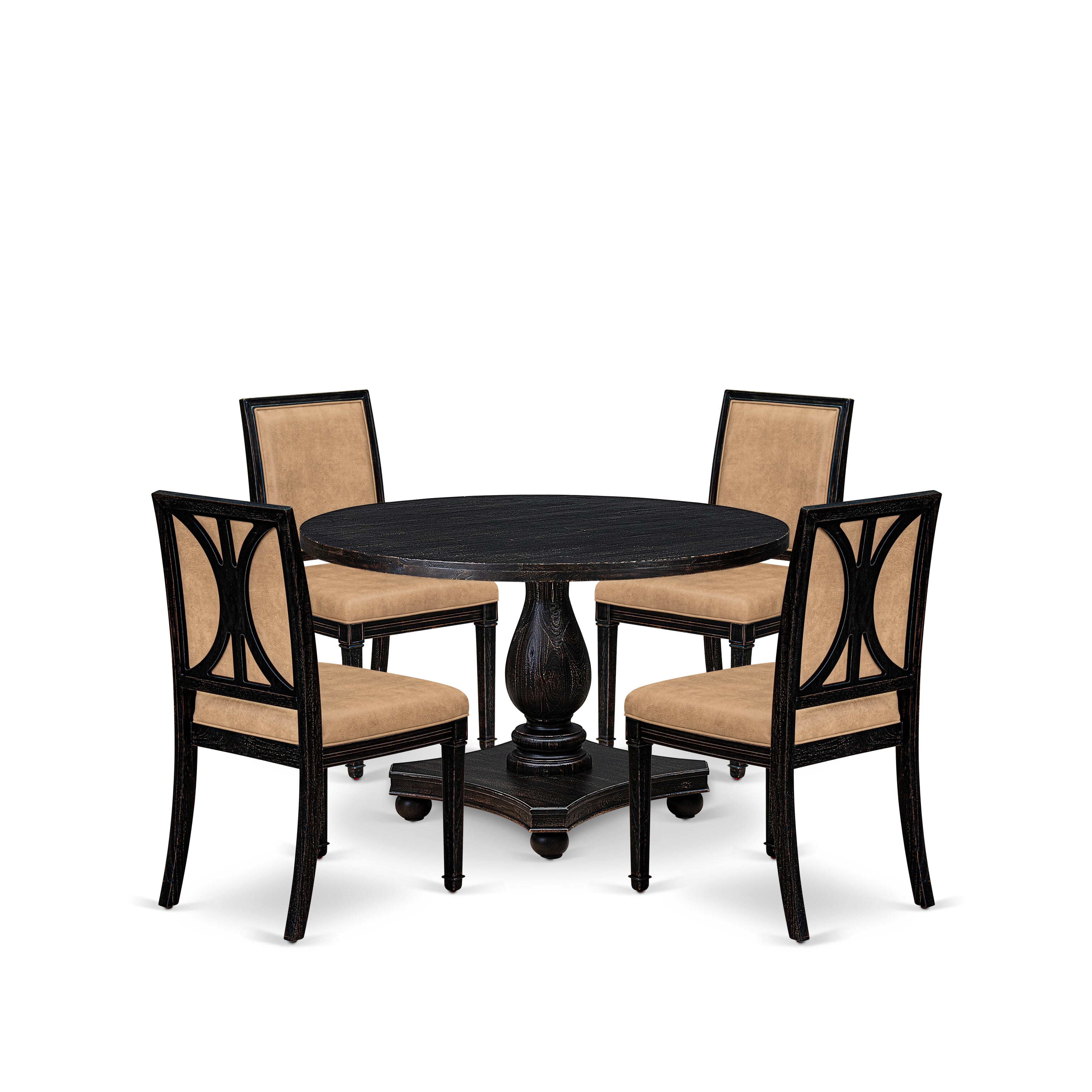 Luxe by East West Furniture - I2AM5-411-28 5-Piece Table Set Includes a Round Dining Room Table and 4 Brown Textured Polyester Chairs with High Back, Sand Blasting Black Finish.
