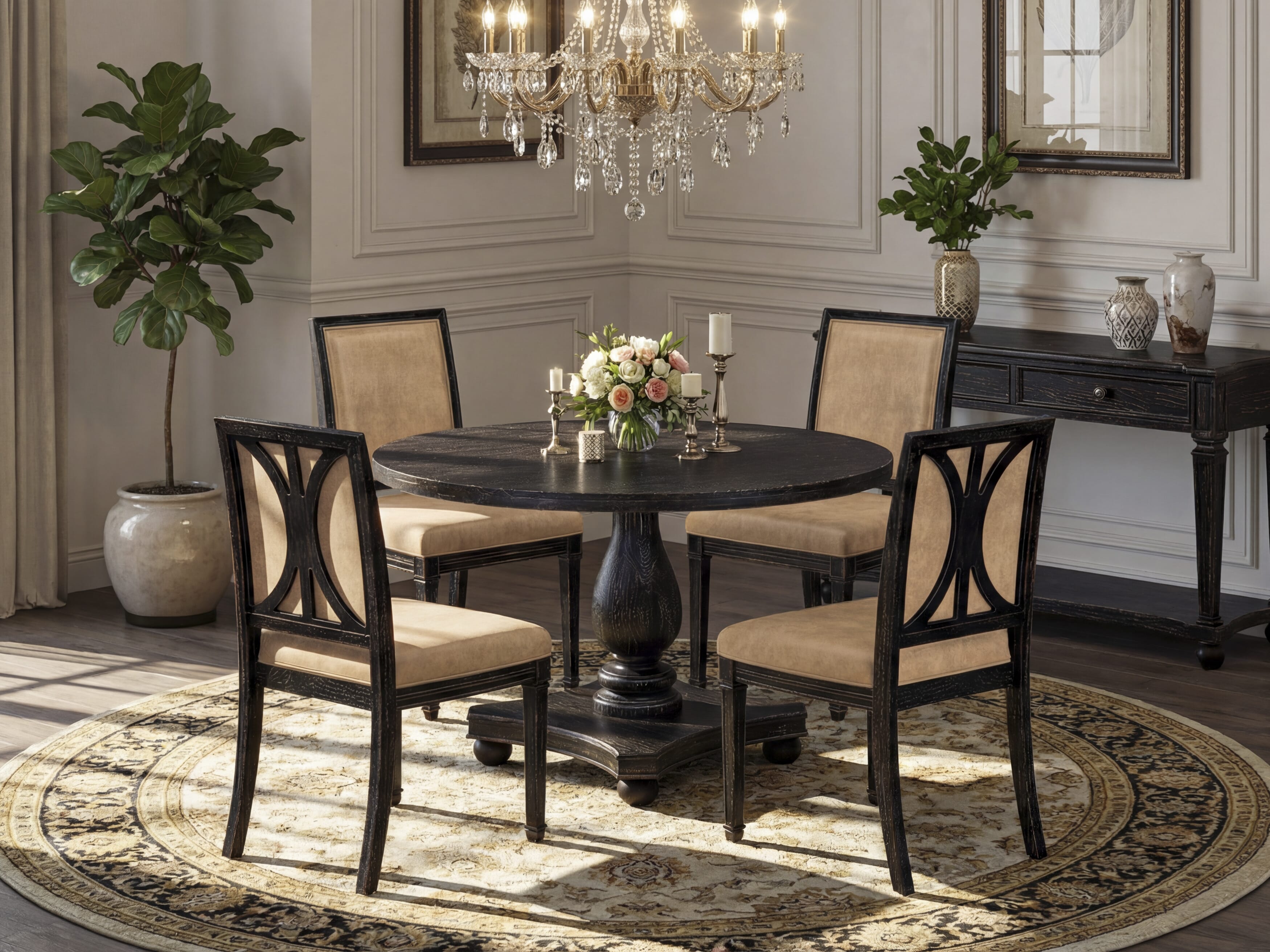 Luxe by East West Furniture - I2AM5-411-28 5-Piece Table Set Includes a Round Dining Room Table and 4 Brown Textured Polyester Chairs with High Back, Sand Blasting Black Finish.