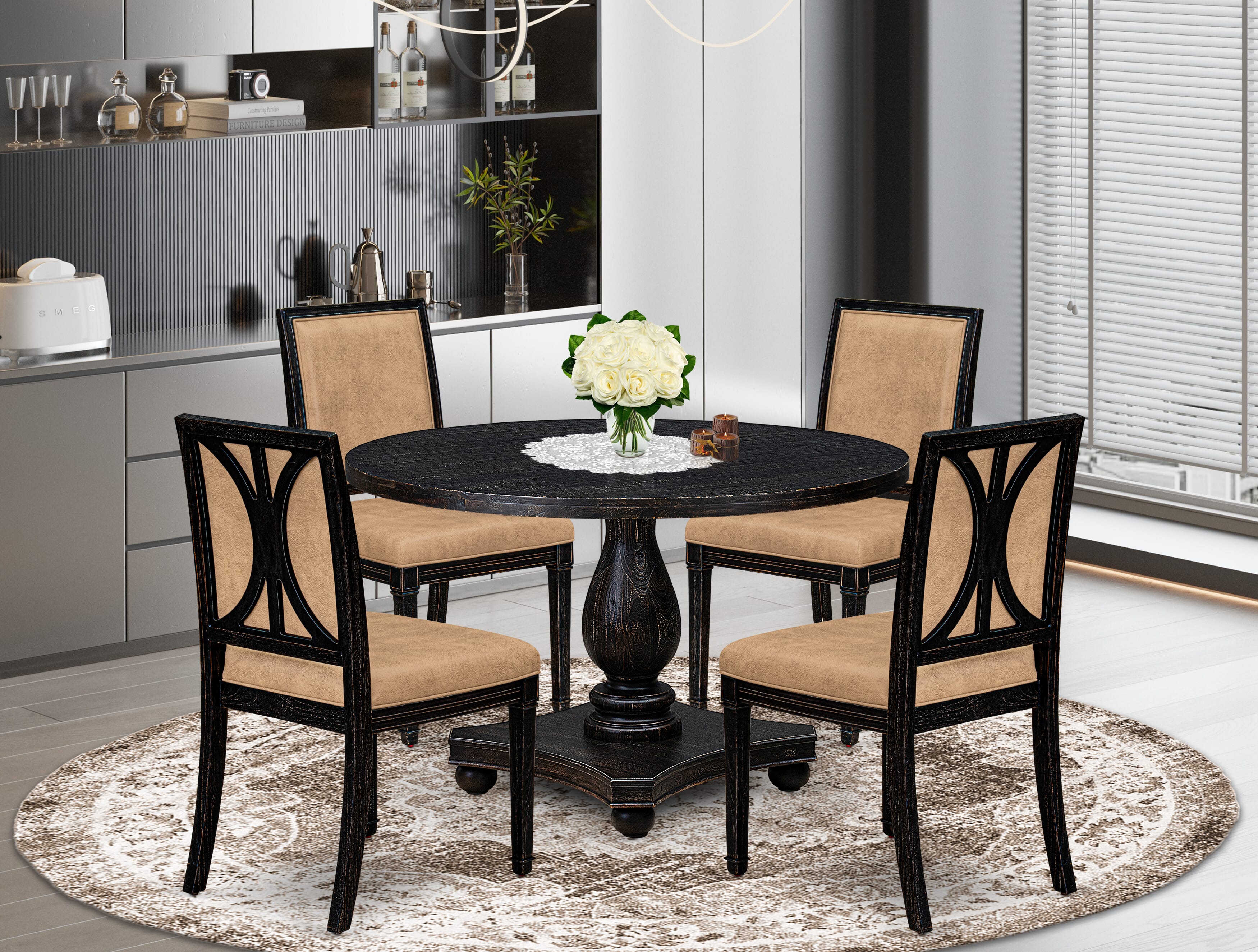 Luxe by East West Furniture - I2AM5-411-28 5-Piece Table Set Includes a Round Dining Room Table and 4 Brown Textured Polyester Chairs with High Back, Sand Blasting Black Finish.