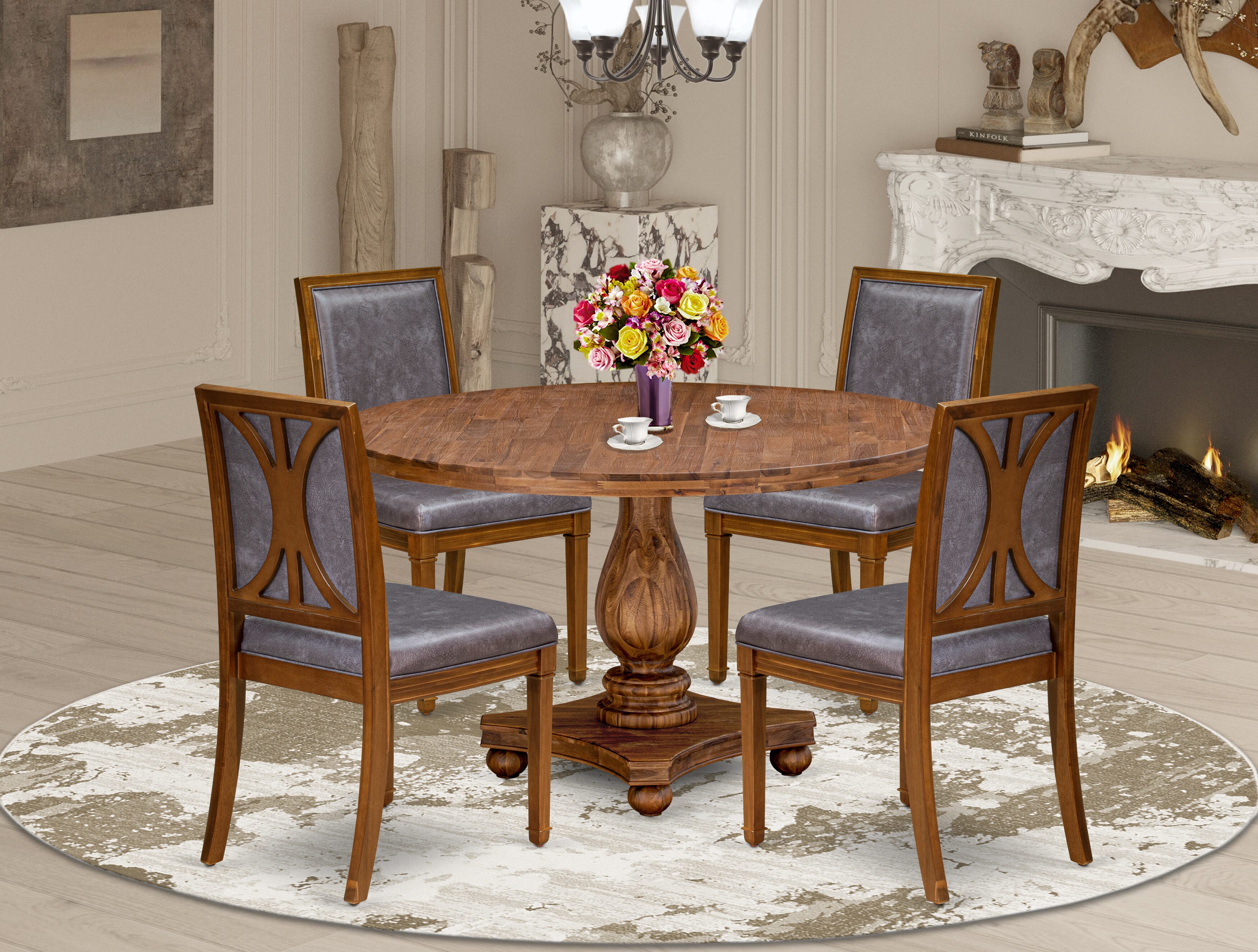 Luxe by East West Furniture - I2AM5-50N-34 5-Piece Modern Dining Table Set Consists of a Round Dining Table and 4 Beige Polyester Chairs with High Back, Antique Walnut Finish.