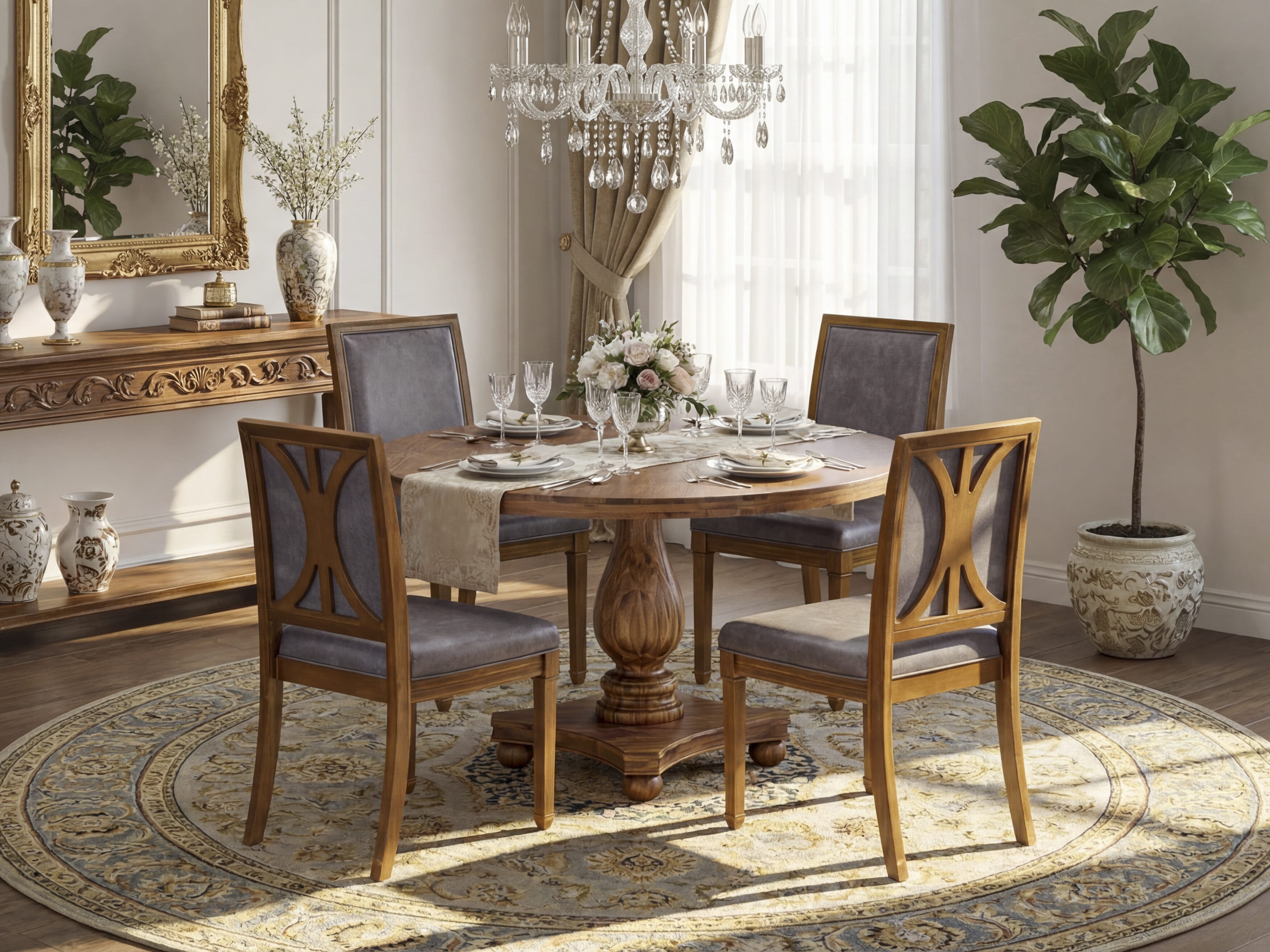 Luxe by East West Furniture - I2AM5-50N-34 5-Piece Modern Dining Table Set Consists of a Round Dining Table and 4 Beige Polyester Chairs with High Back, Antique Walnut Finish.