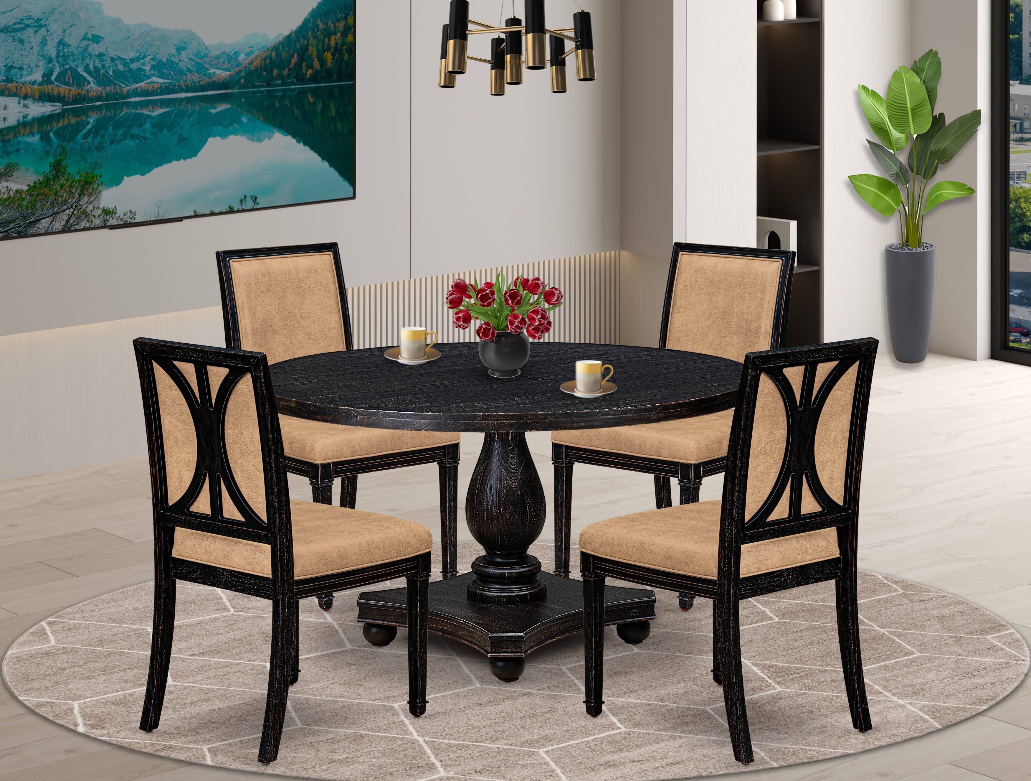 Luxe by East West Furniture - I2AM5-511-28 5-Piece Modern Dining Set Contains a Round Dinner Table and 4 Dark Gray Polyester Chairs with High Back, Sand Blasting Black Finish.