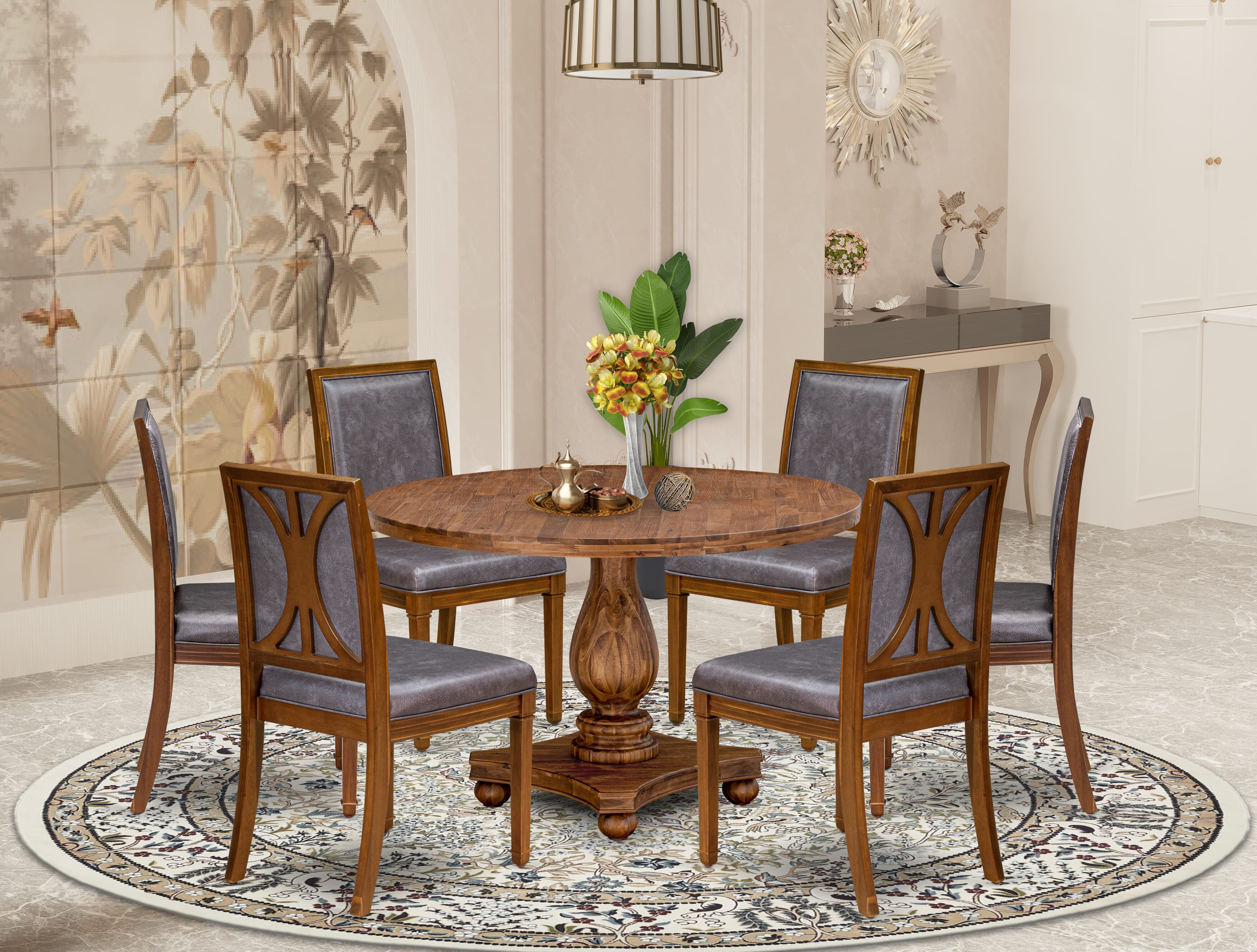 Luxe by East West Furniture - I2AM7-40N-34 7-Piece Dining room set consists of a Round Dinner table and 6 Dark Grey Faux Leather Chairs with stylish Back, Antique Walnut Finish.