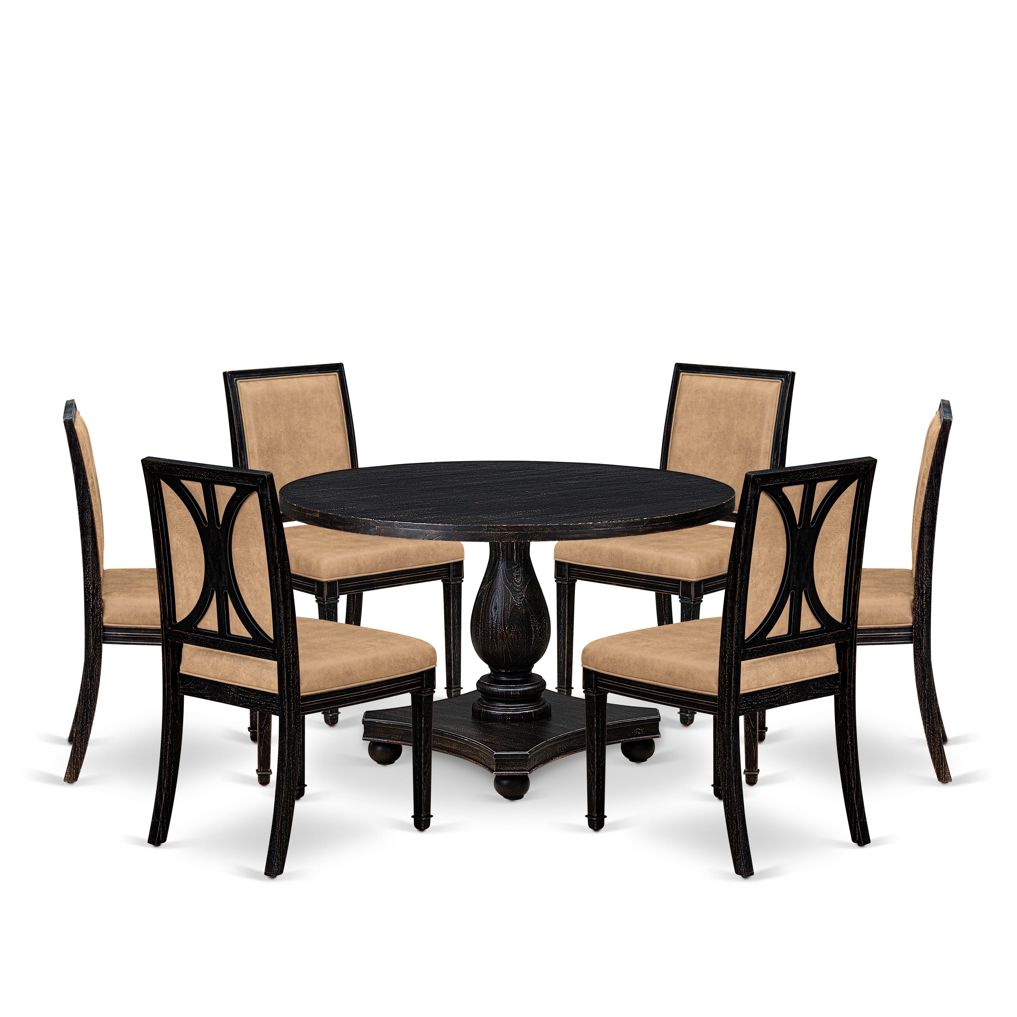 Luxe by East West Furniture - I2AM7-411-28 7-Piece Mid Century Dining Set Includes a Round Wood Table and 6 Beige Polyester Chairs with High Back, Sand Blasting Black Finish.