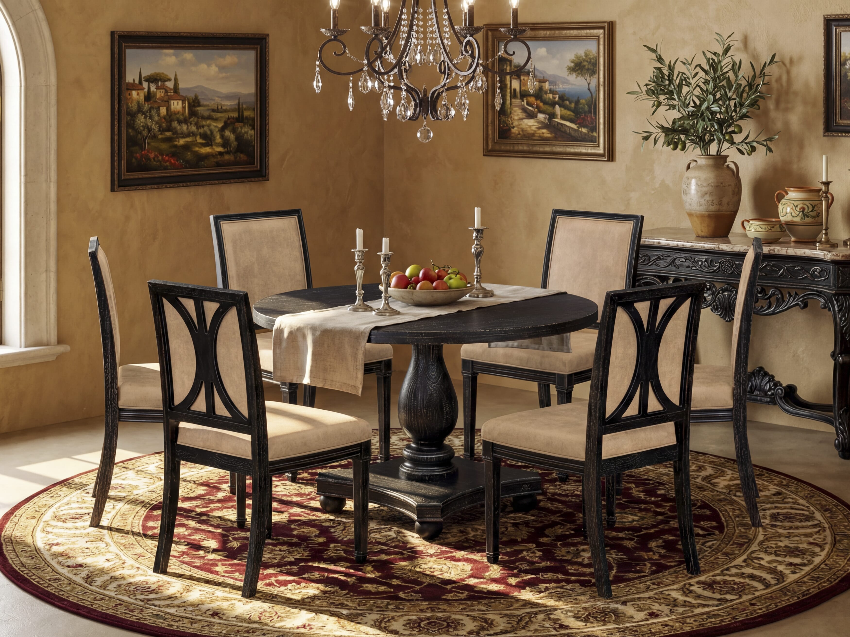 Luxe by East West Furniture - I2AM7-411-28 7-Piece Mid Century Dining Set Includes a Round Wood Table and 6 Beige Polyester Chairs with High Back, Sand Blasting Black Finish.