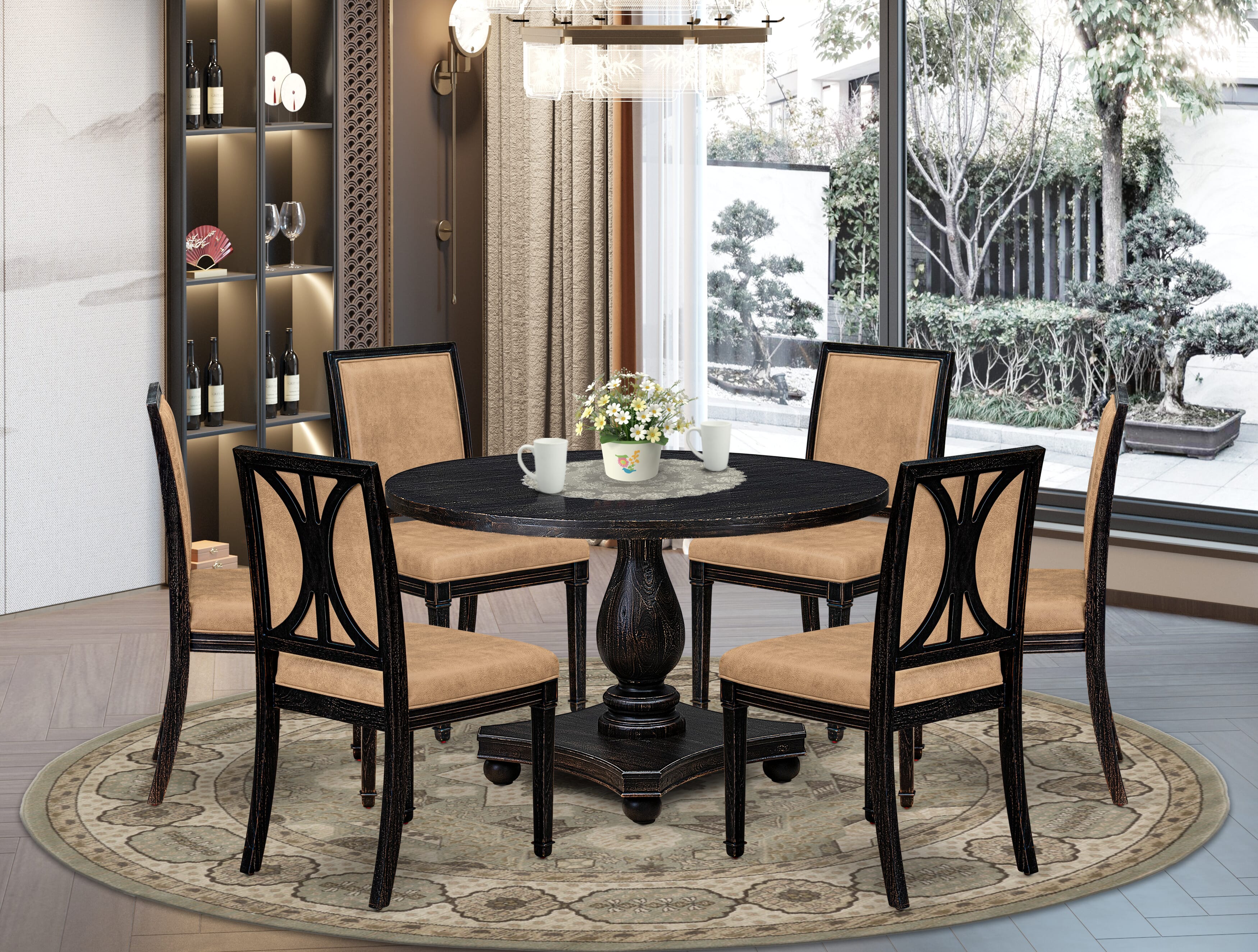 Luxe by East West Furniture - I2AM7-411-28 7-Piece Mid Century Dining Set Includes a Round Wood Table and 6 Beige Polyester Chairs with High Back, Sand Blasting Black Finish.