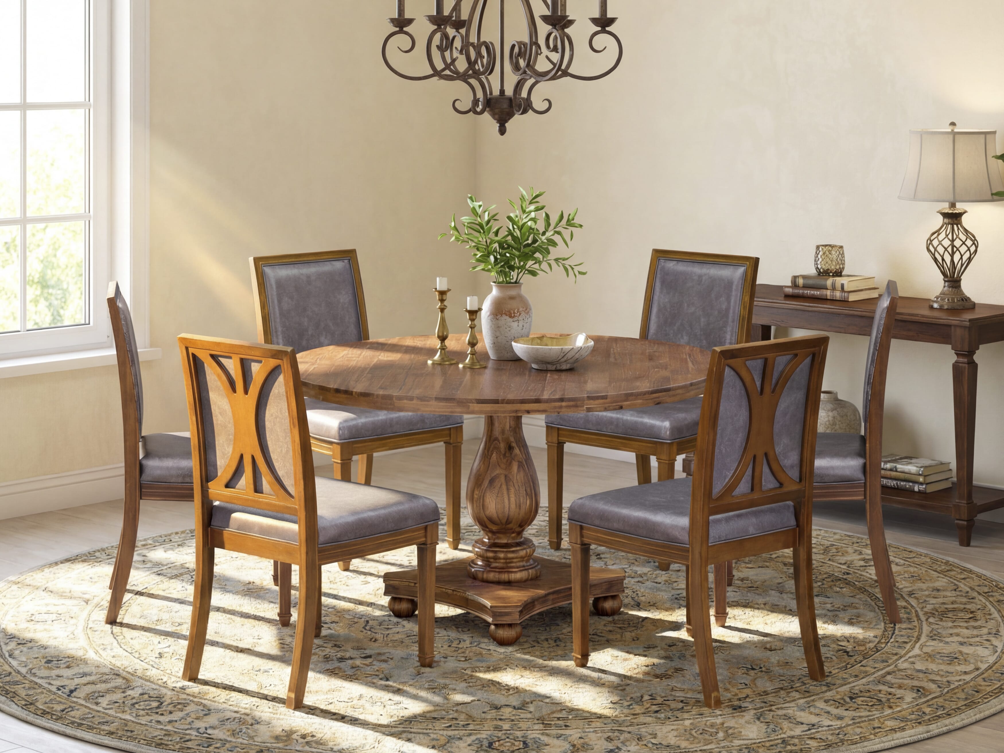 Luxe by East West Furniture - I2AM7-50N-34 7-Piece Mid Century Modern Dining Set Consists of a Round Modern Dining Table and 6 Beige Polyester Chairs with High Back, Antique Walnut Finish.