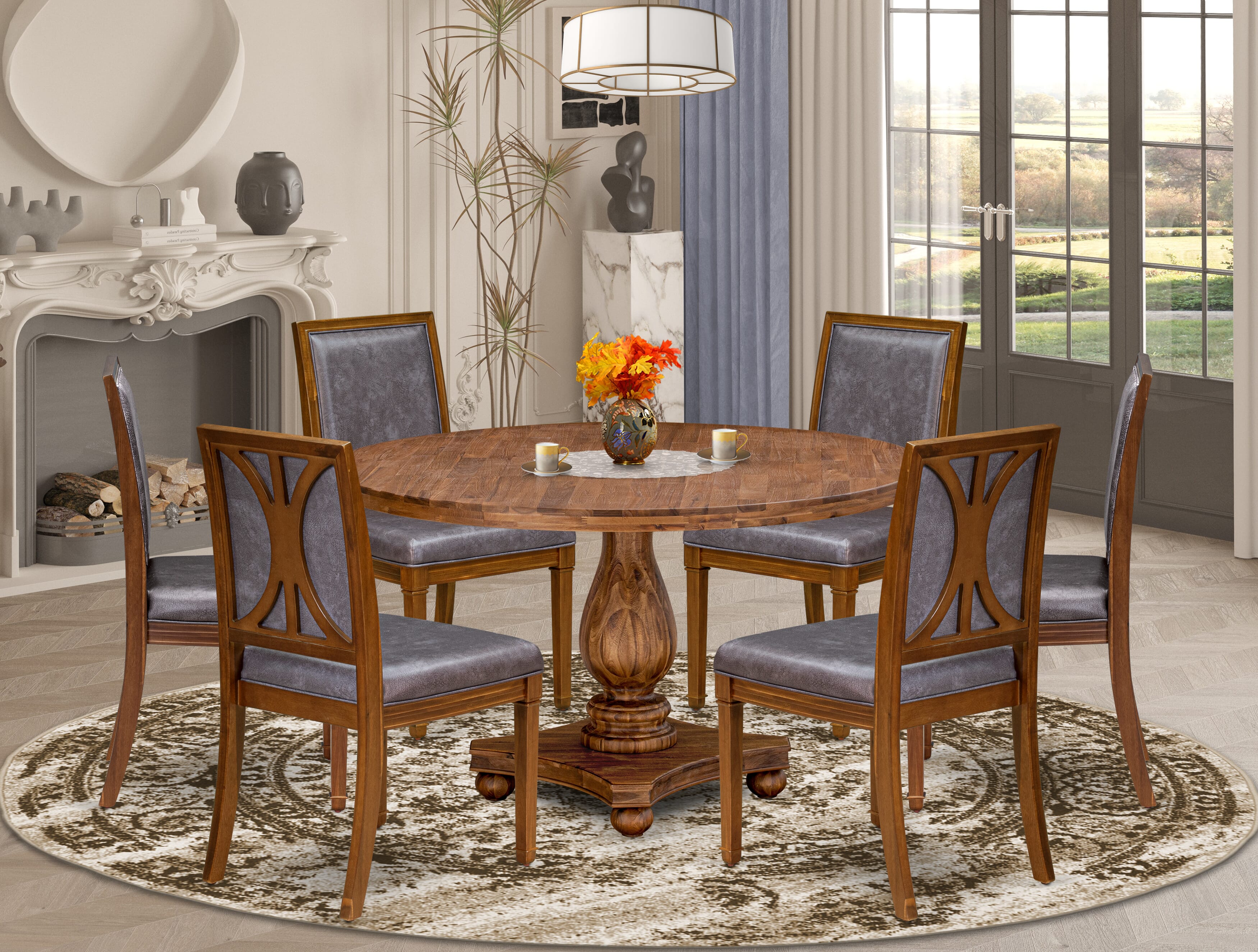 Luxe by East West Furniture - I2AM7-50N-34 7-Piece Mid Century Modern Dining Set Consists of a Round Modern Dining Table and 6 Beige Polyester Chairs with High Back, Antique Walnut Finish.