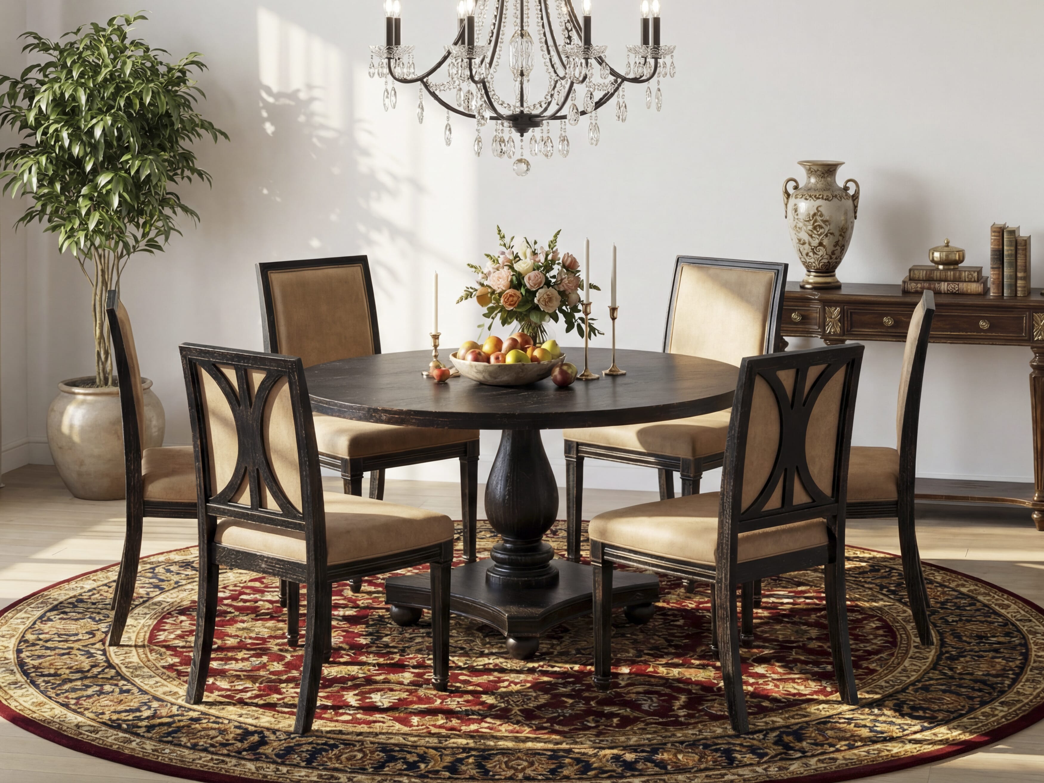 Luxe by East West Furniture - I2AM7-511-28 7-Piece Kitchen Dining Table Set Contains a Round Wood Dining Table and 6 Dark Gray Polyester Chairs with High Back, Sand Blasting Black Finish.