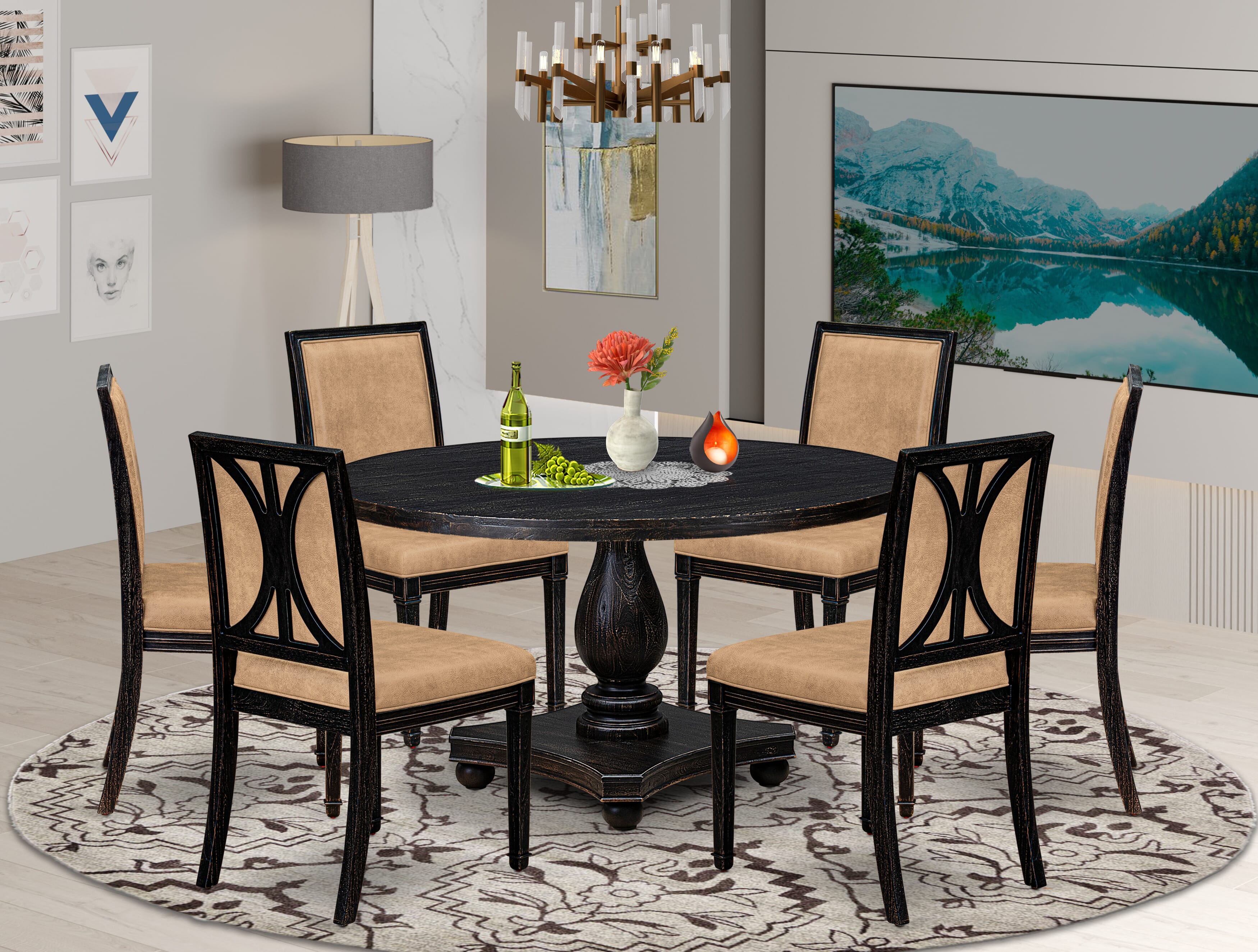 Luxe by East West Furniture - I2AM7-511-28 7-Piece Kitchen Dining Table Set Contains a Round Wood Dining Table and 6 Dark Gray Polyester Chairs with High Back, Sand Blasting Black Finish.