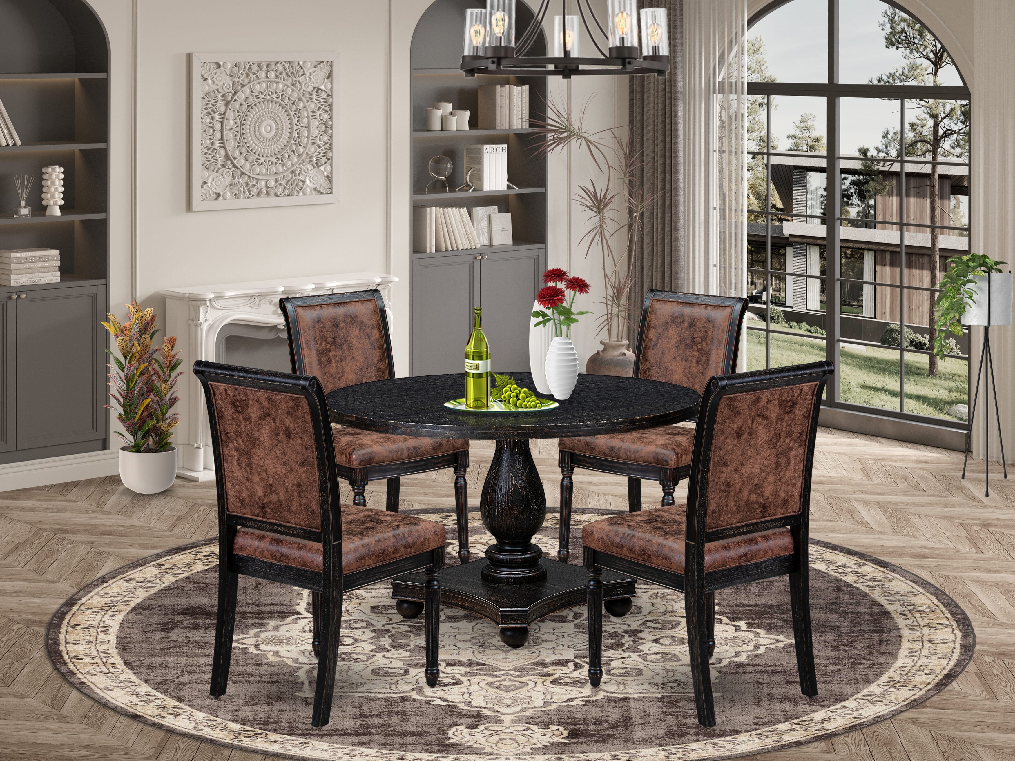 Luxe by East West Furniture - I2CY5-411-33 5-Piece Mid Century Dining Table Set Includes a Round Modern Dining Table and 4 Beige Polyester Chairs with High Back, Sand Blasting Black Finish.