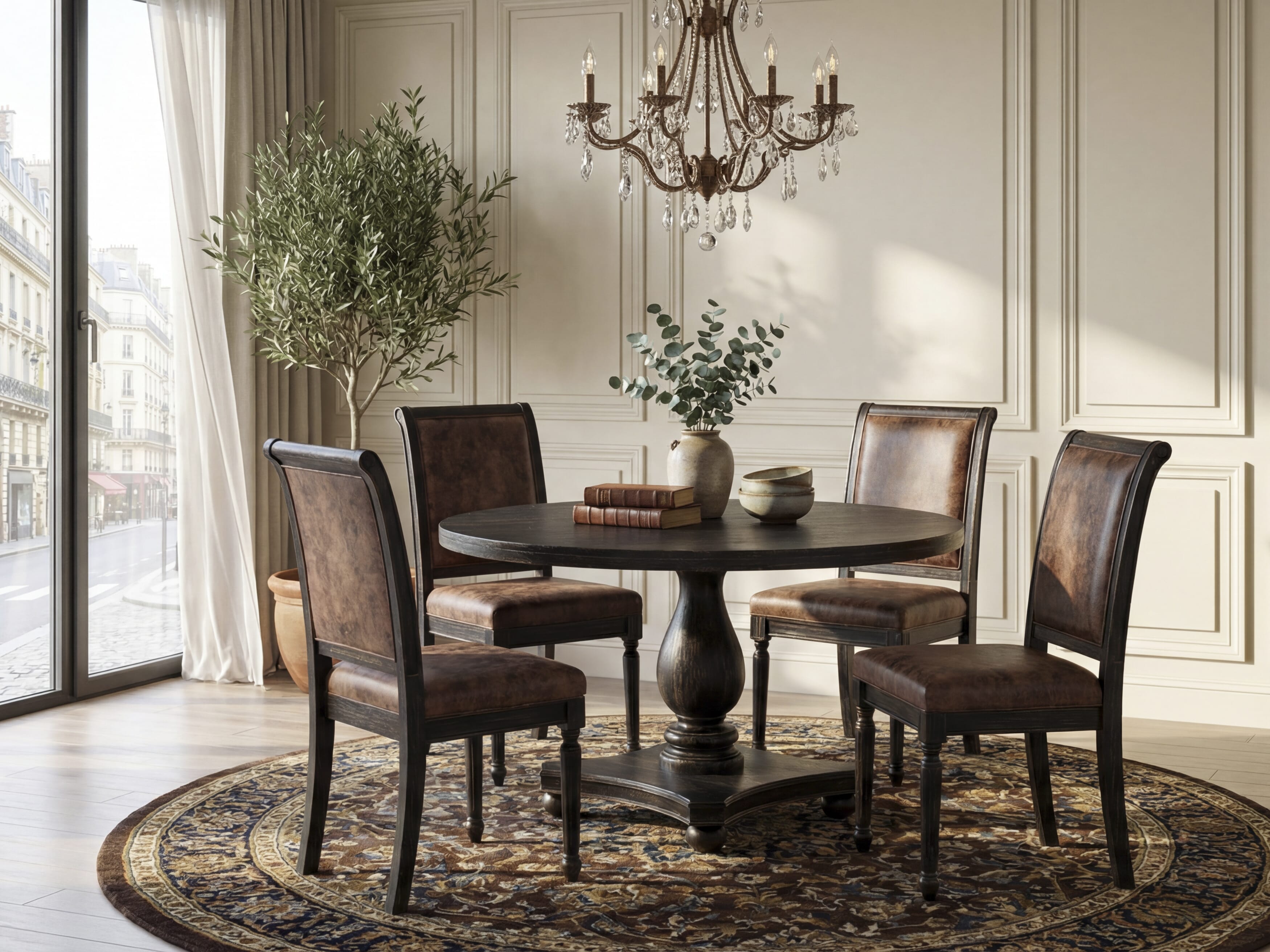 Luxe by East West Furniture - I2CY5-511-33 5-Piece Dinner Table Set Consists of a Round Wooden Table and 4 Brown Textured Polyester Chairs with High Back, Sand Blasting Black Finish.