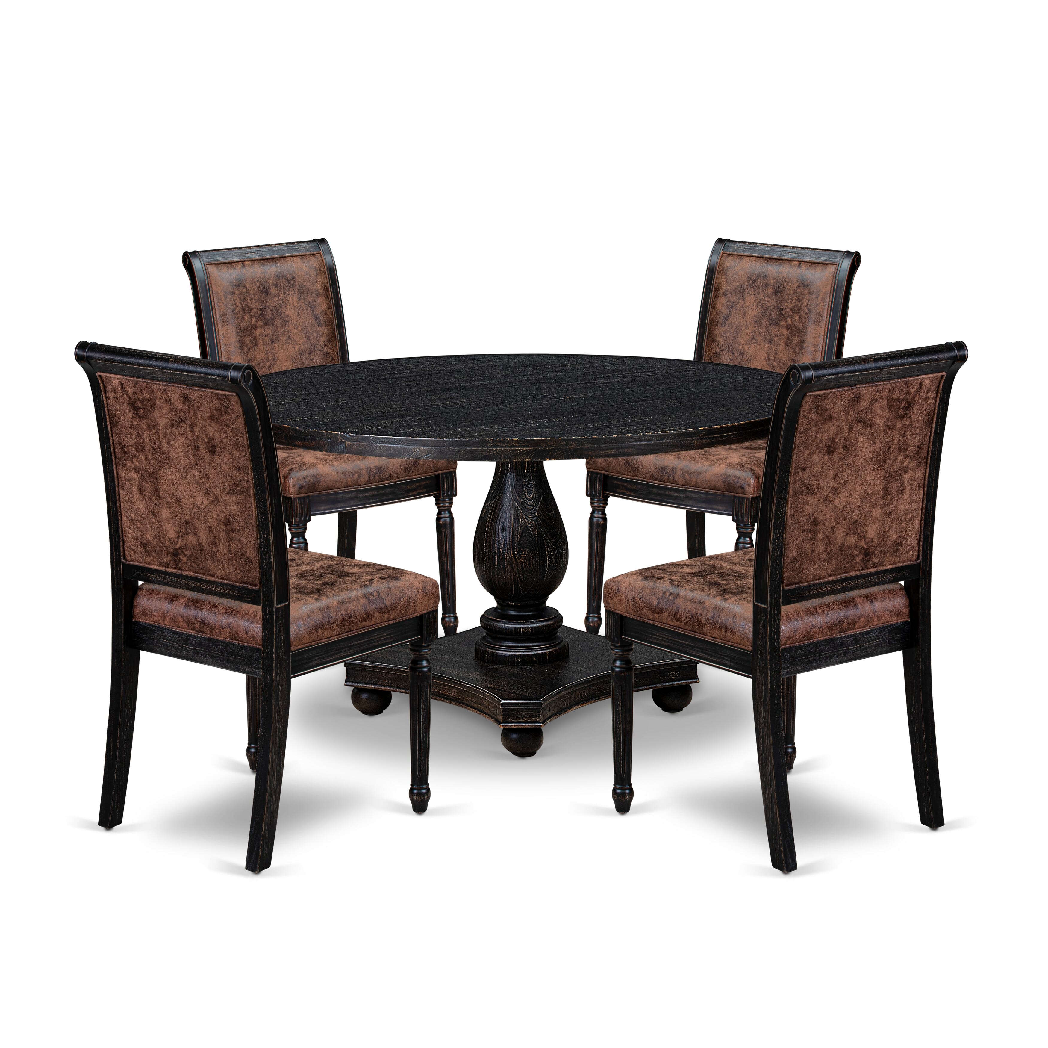 Luxe by East West Furniture - I2CY5-511-33 5-Piece Dinner Table Set Consists of a Round Wooden Table and 4 Brown Textured Polyester Chairs with High Back, Sand Blasting Black Finish.